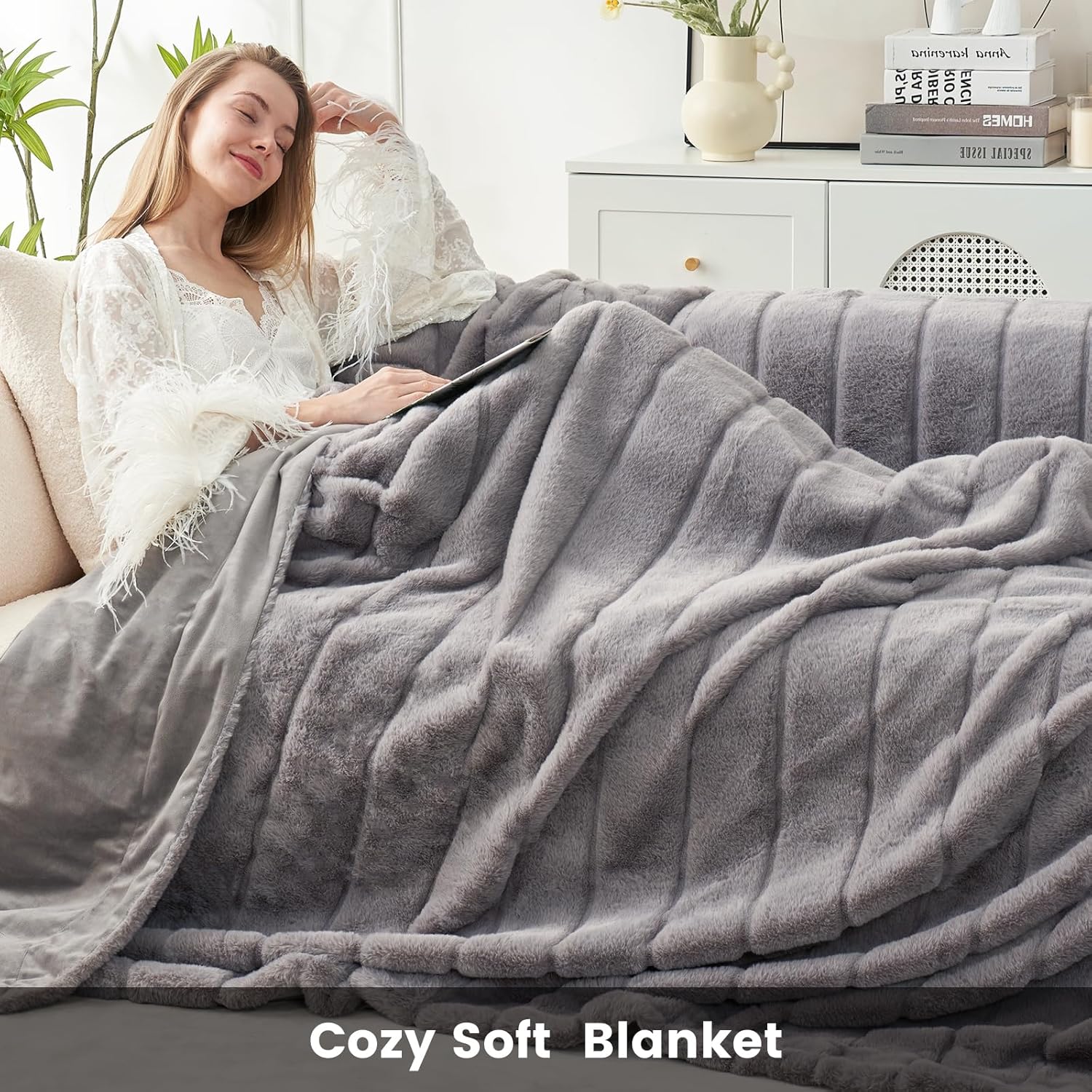 Cozy Bliss Faux Fur Throw Blanket Grey