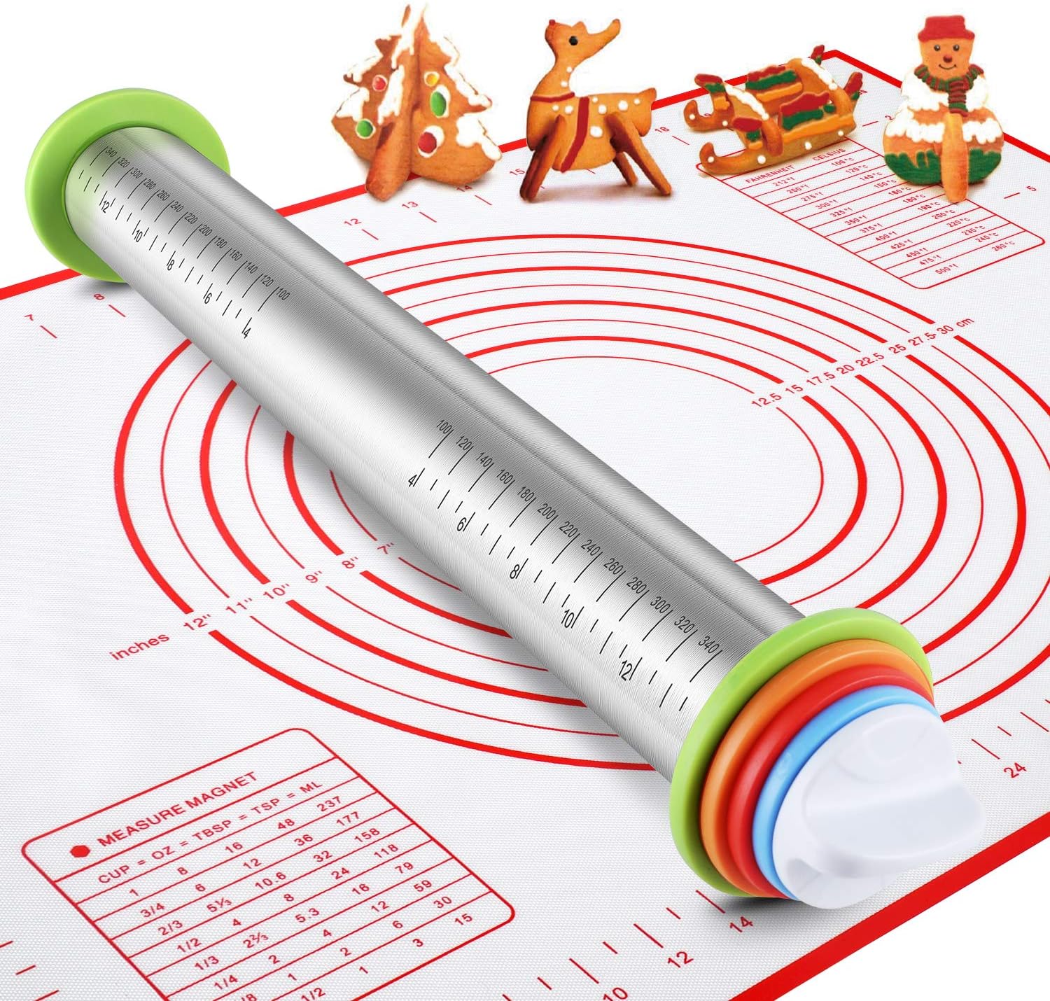 Stainless Steel Rolling Pin with Adjustable Rings and Silicone Mat Set