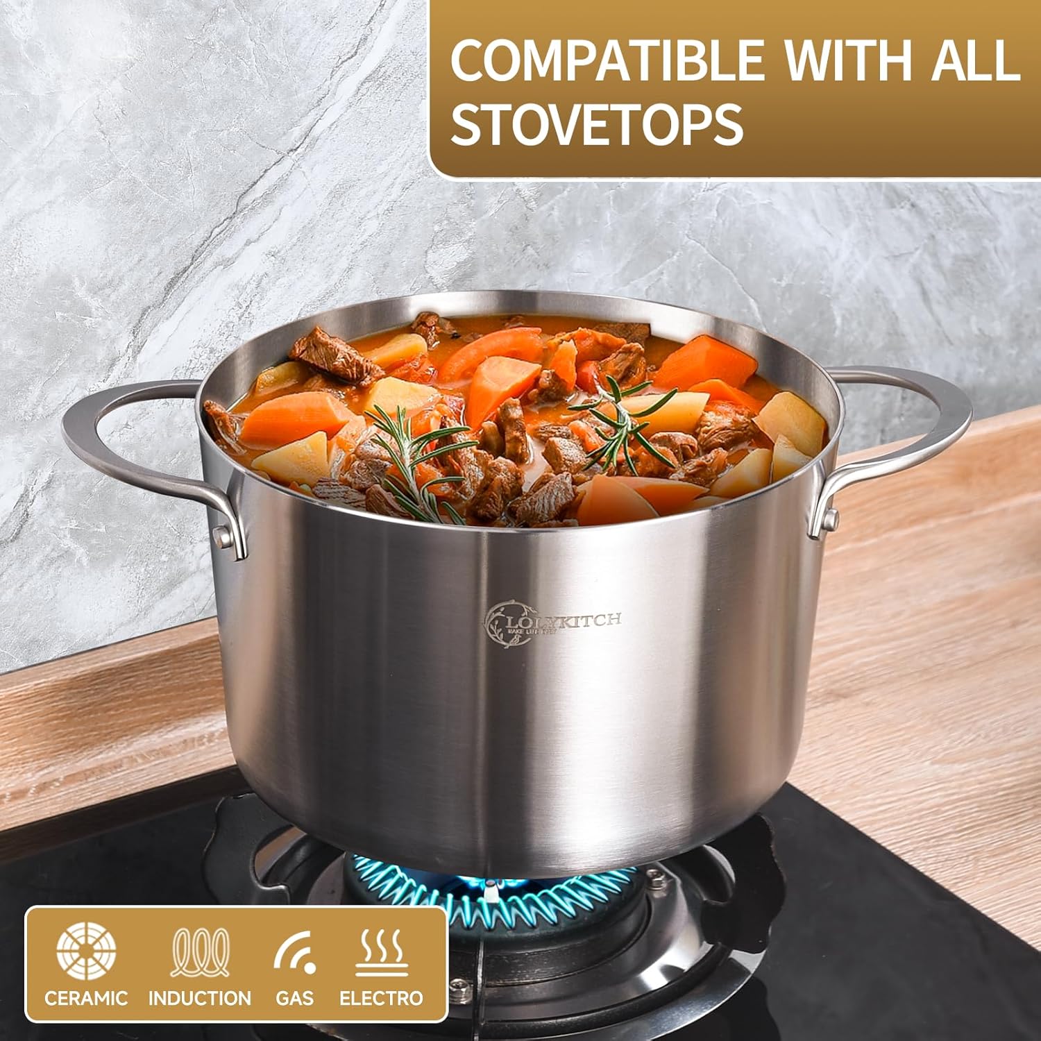 LOLYKITCH 3 Qt Tri-Ply Stock Pot with Lid and Steamer