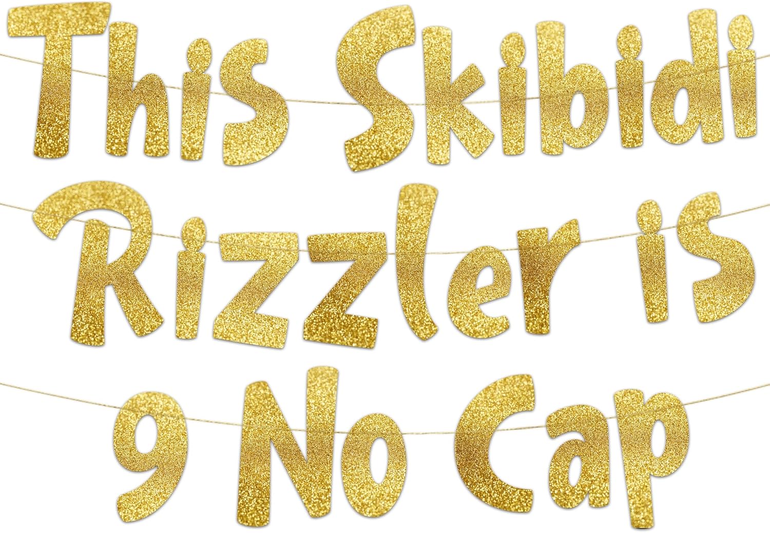9 No Cap Gold Glitter Banner for 9th Birthday Party Supplies