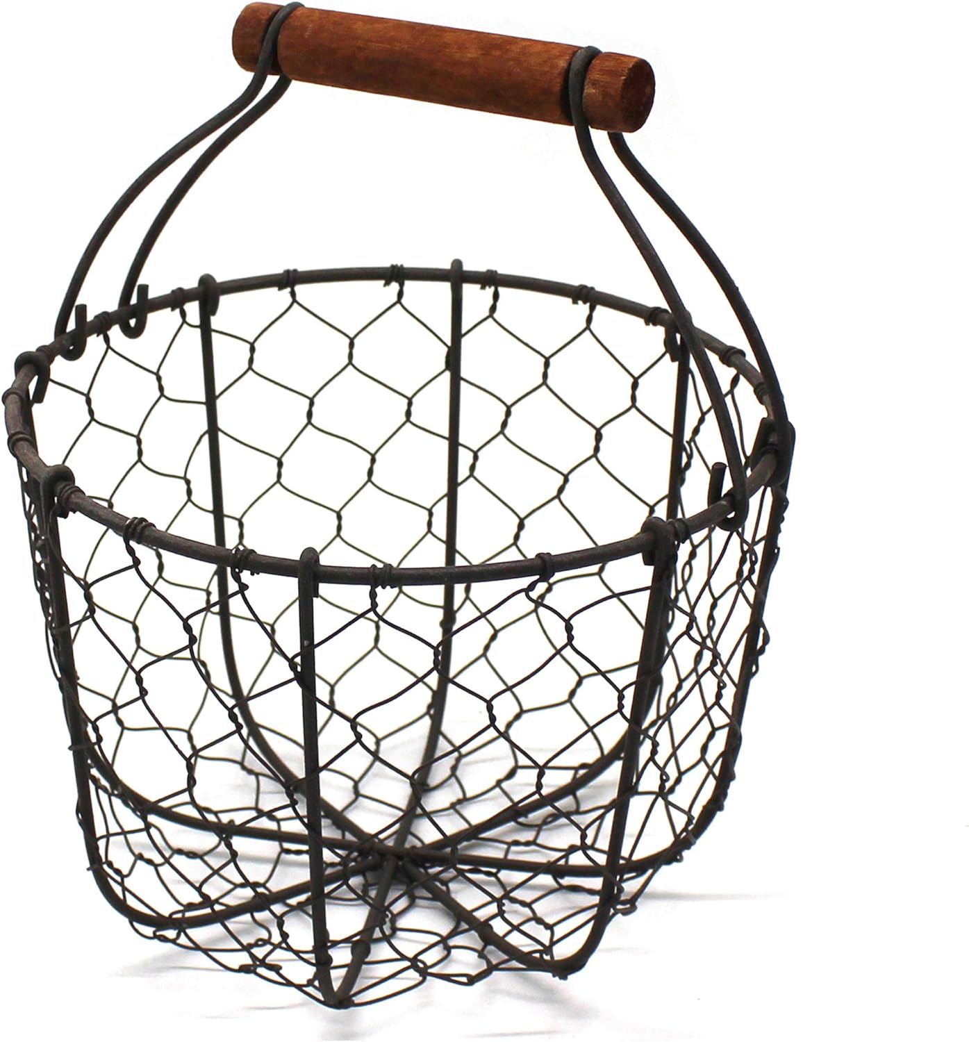 CVHOMEDECO Round Chicken Wire Egg Basket with Wooden Handle