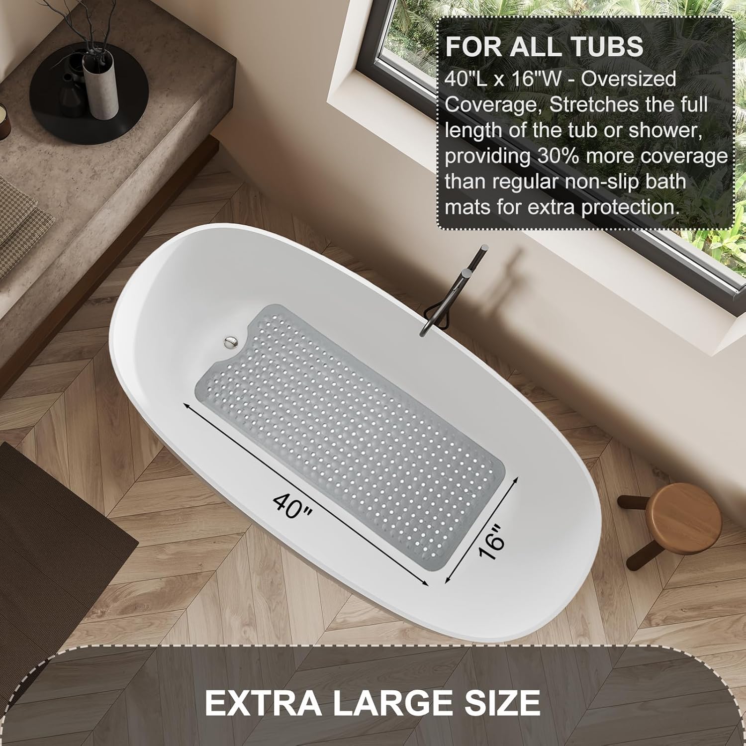 Non Slip Extra Large Bath Mat with Suction Cups Gray