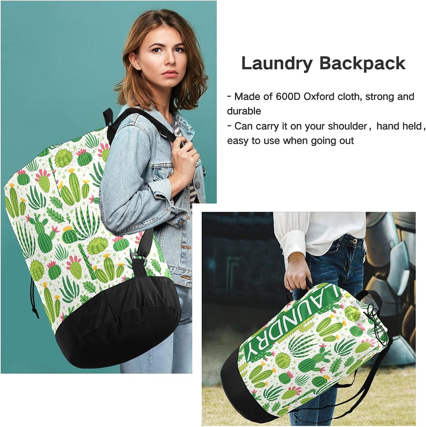 Cactus Laundry Bag Backpack with Dirty Clothes Organizer Extra Large Heavy Duty