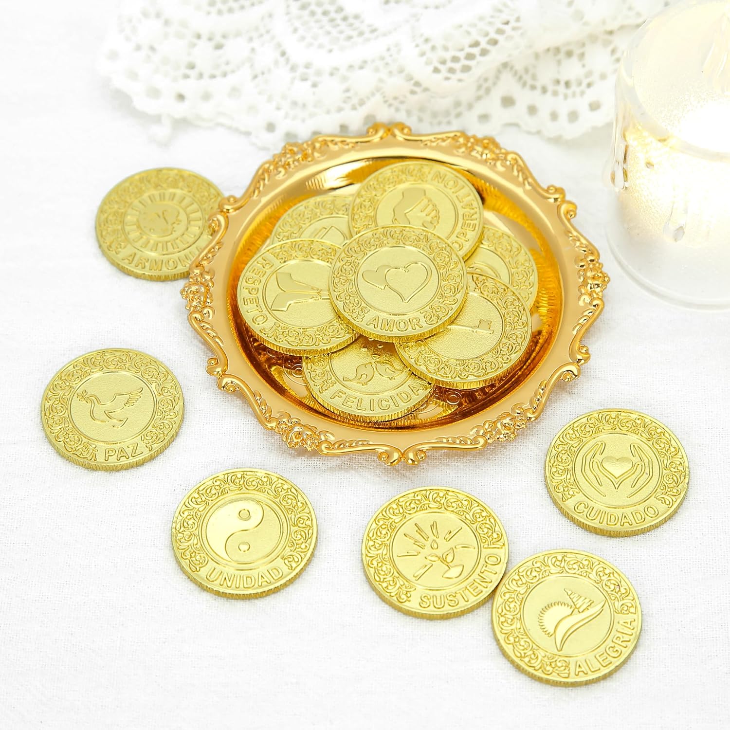 TINGKU Gold Spanish Las Arras de Boda Cristiana Set with Tray Plate