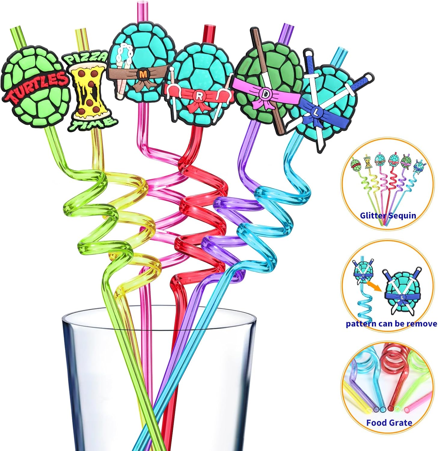 24 Reusable Ninja Green Turtle Straws for Kids Party Favors