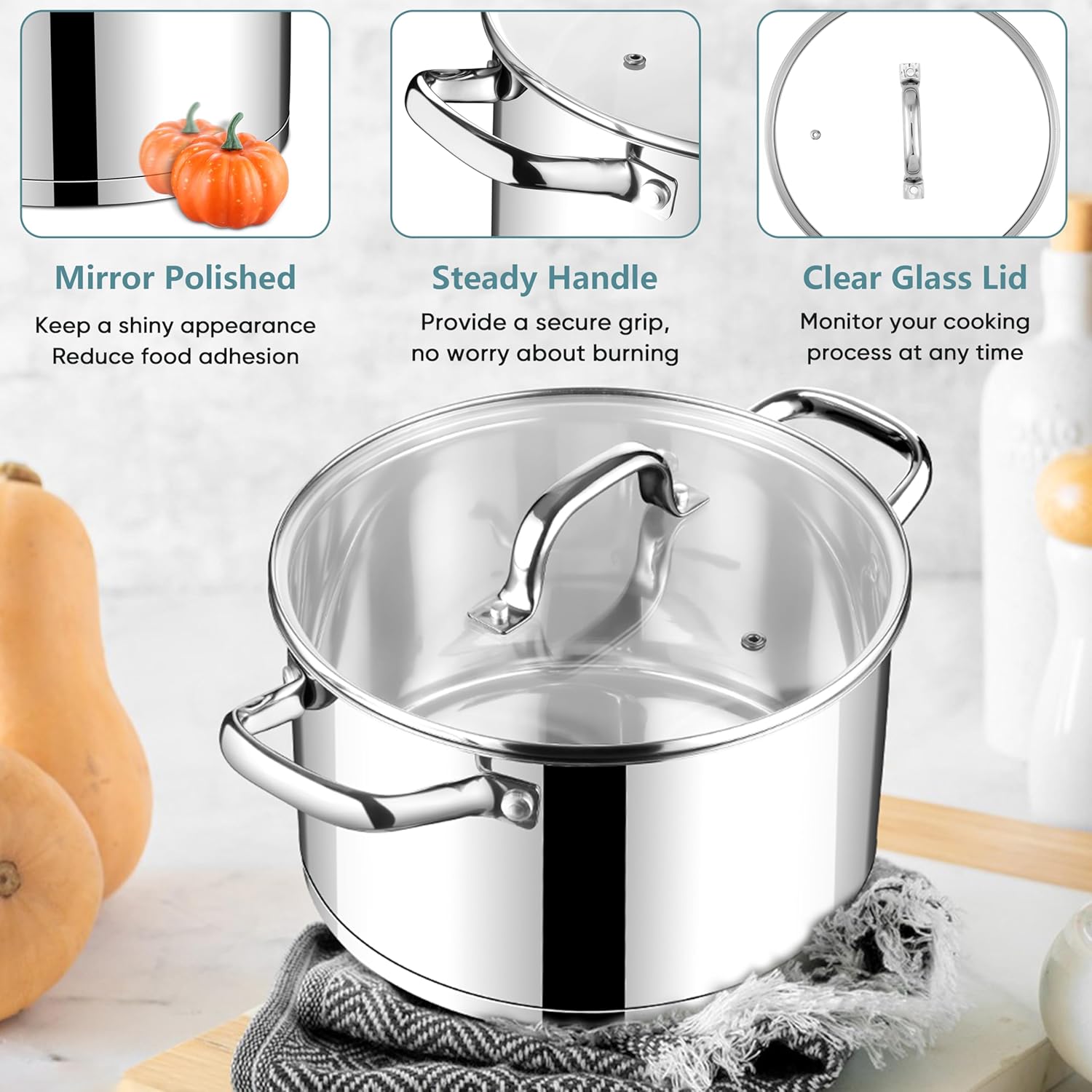E-far 6 Quart Stock Pot with Lid Stainless Steel