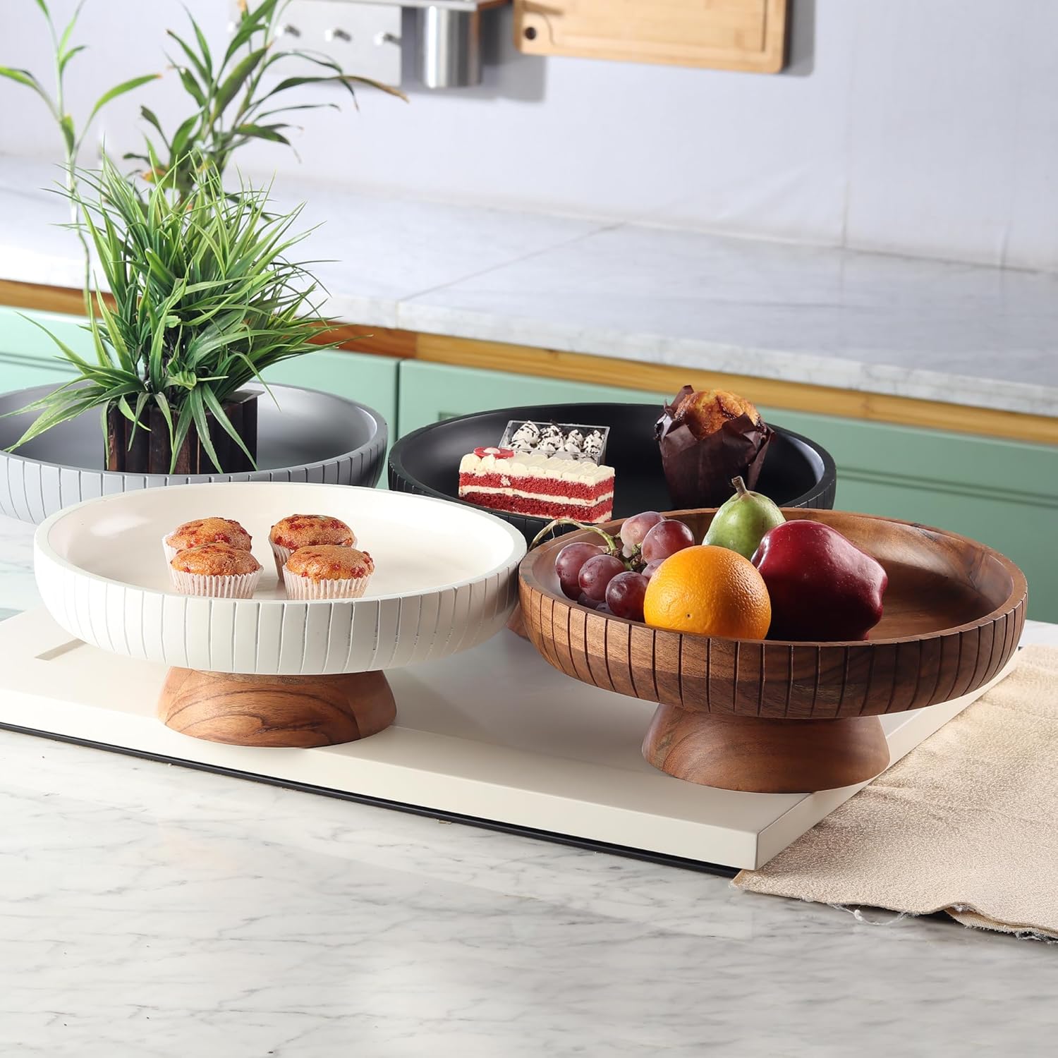 Lavauk Mango Wood Fruit Bowl with Black Pedestal