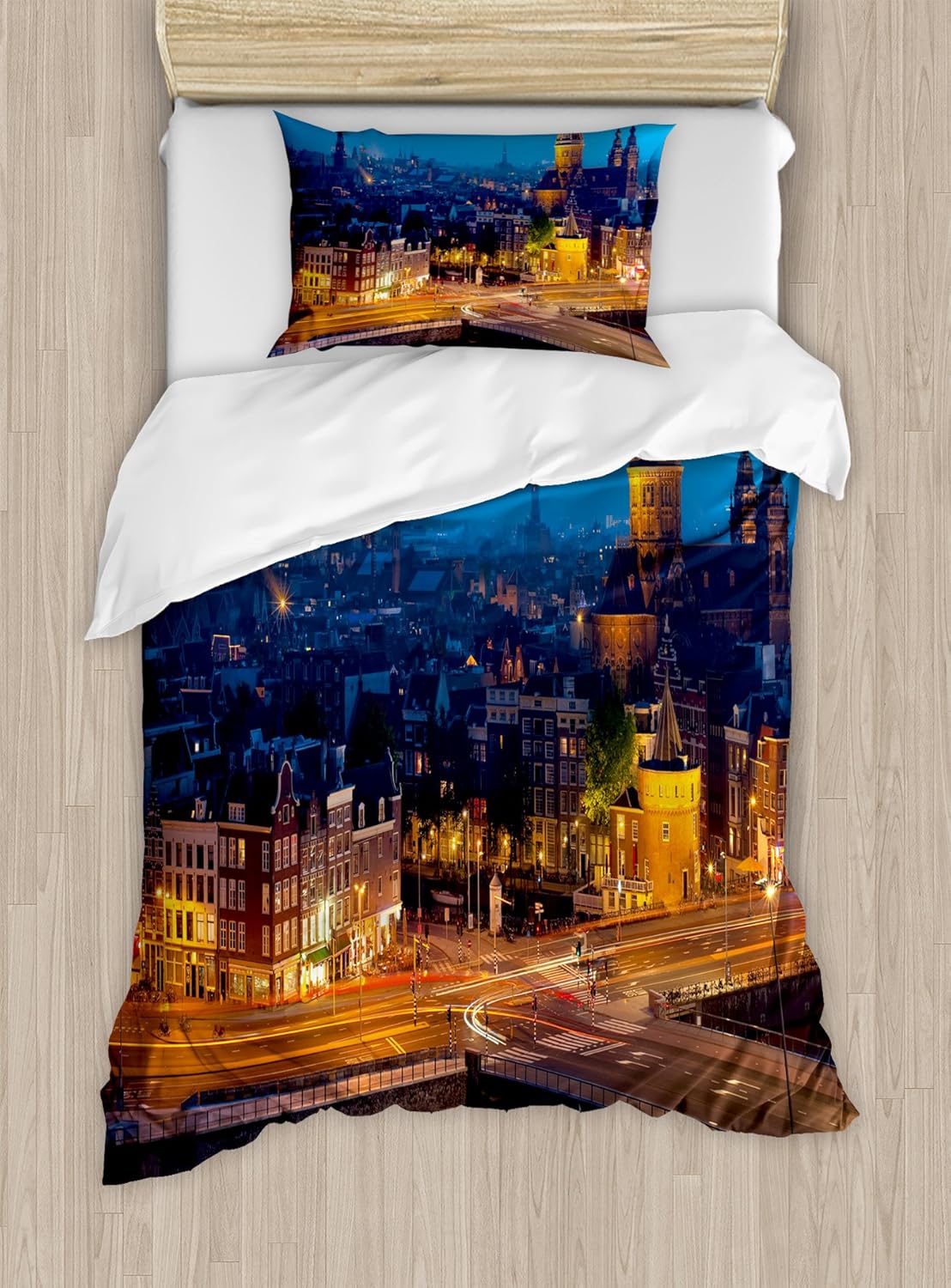 Ambesonne City Duvet Cover Set Twin Size Blue Marigold Tan