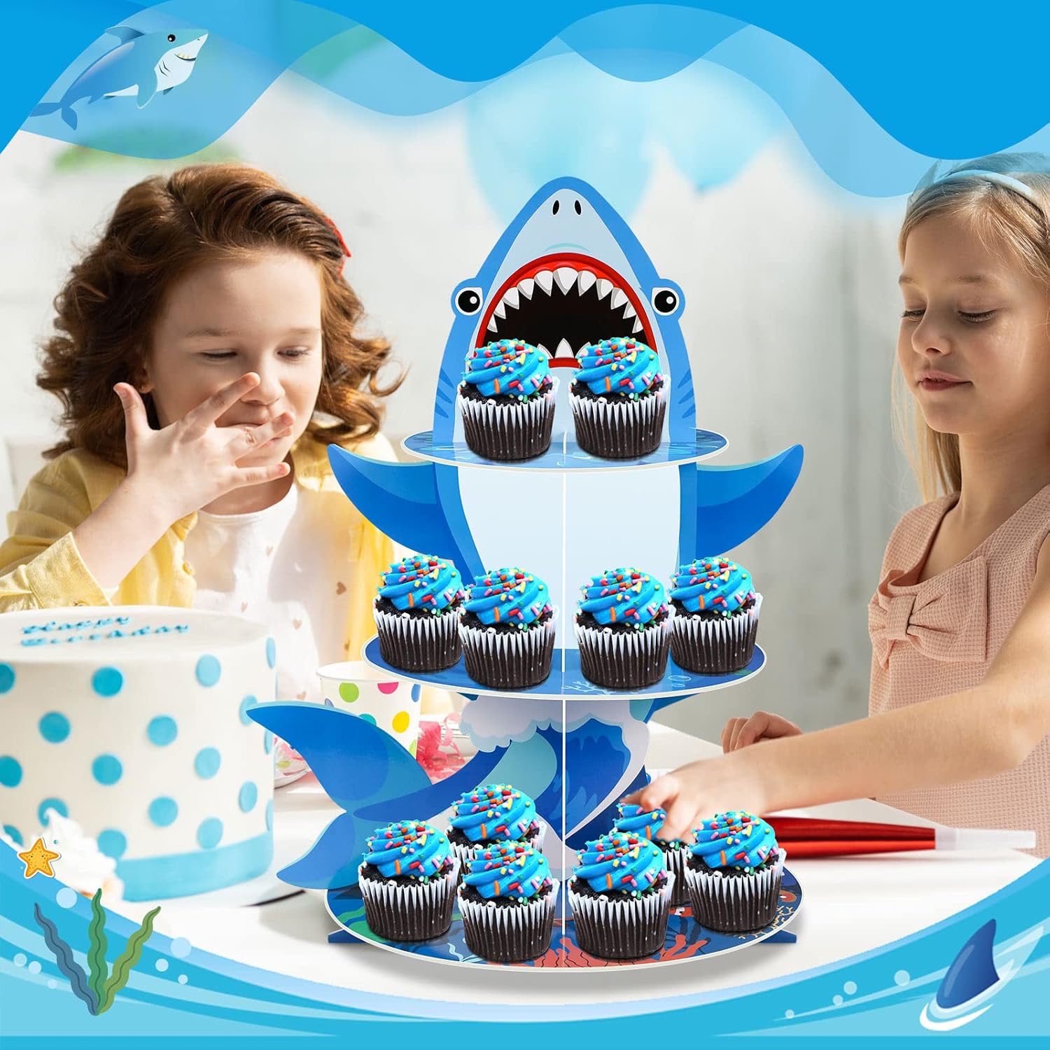 Zopeal 3 Tier Shark Cupcake Stand Ocean Theme Party Decorations