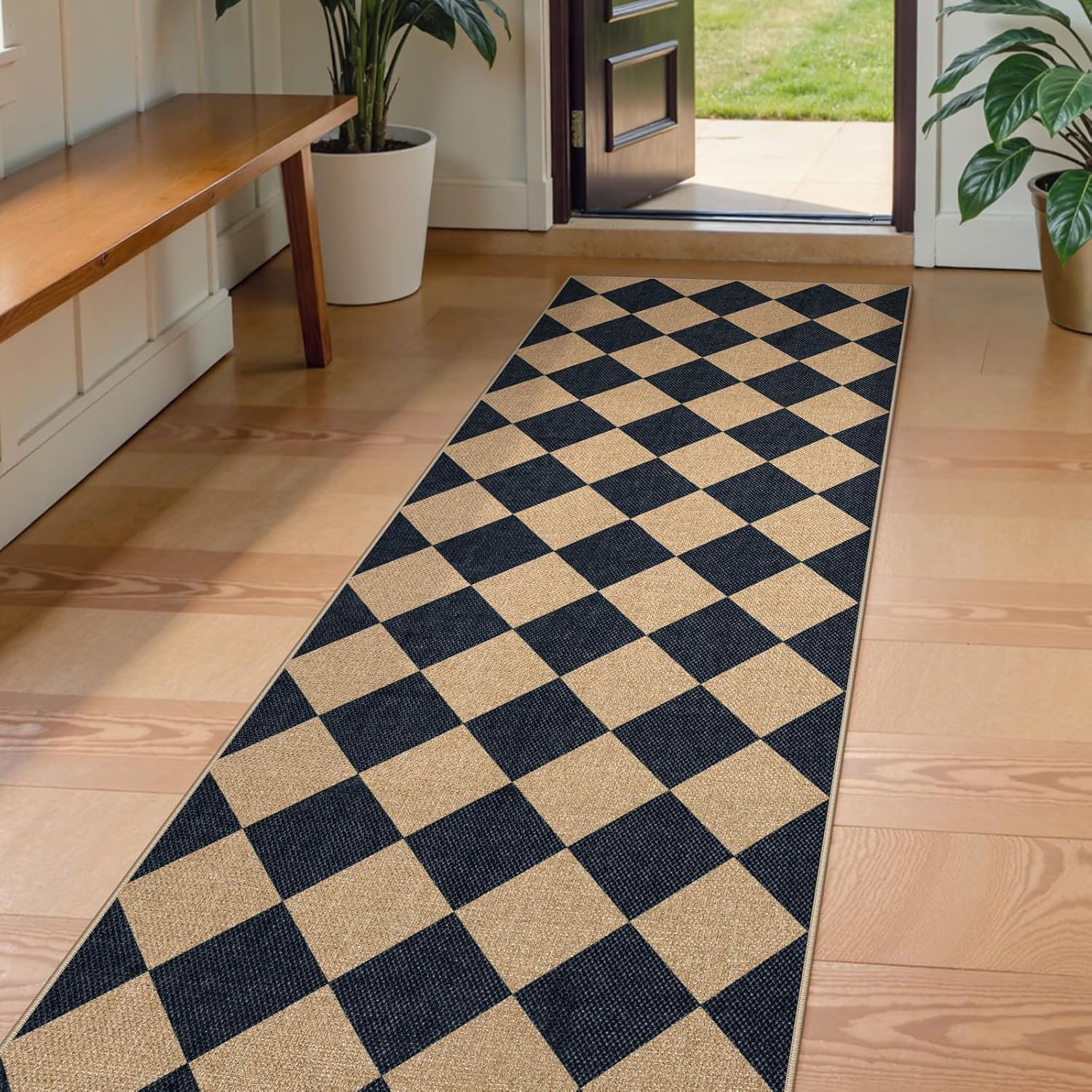 Lahome Checkered Jute-Style Runner Rug 2x8 Non-Slip Indoor Outdoor