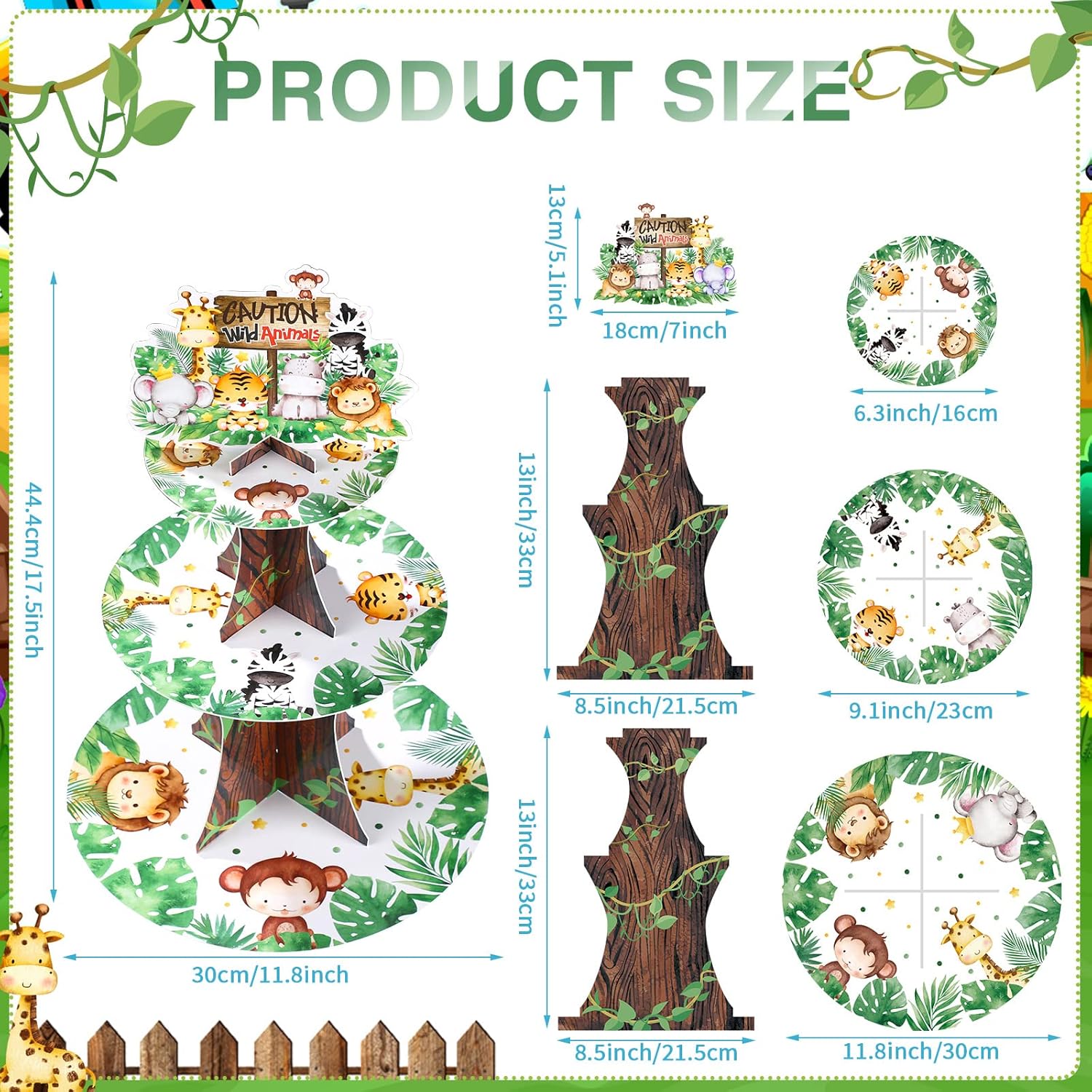 Nuenen Safari Cupcake Stand 3 Tier Jungle Theme Decor