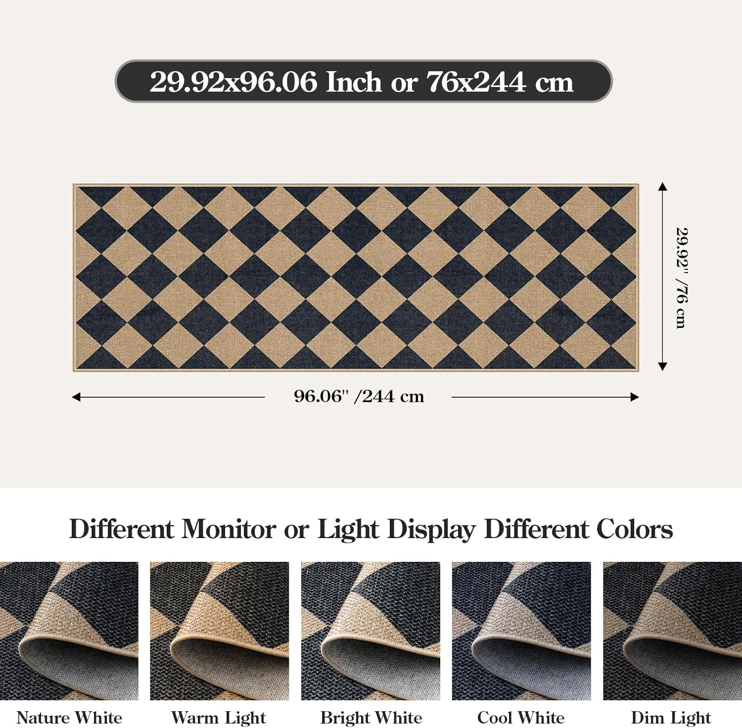 Lahome Checkered Jute-Style Runner Rug 2x8 Non-Slip Indoor Outdoor