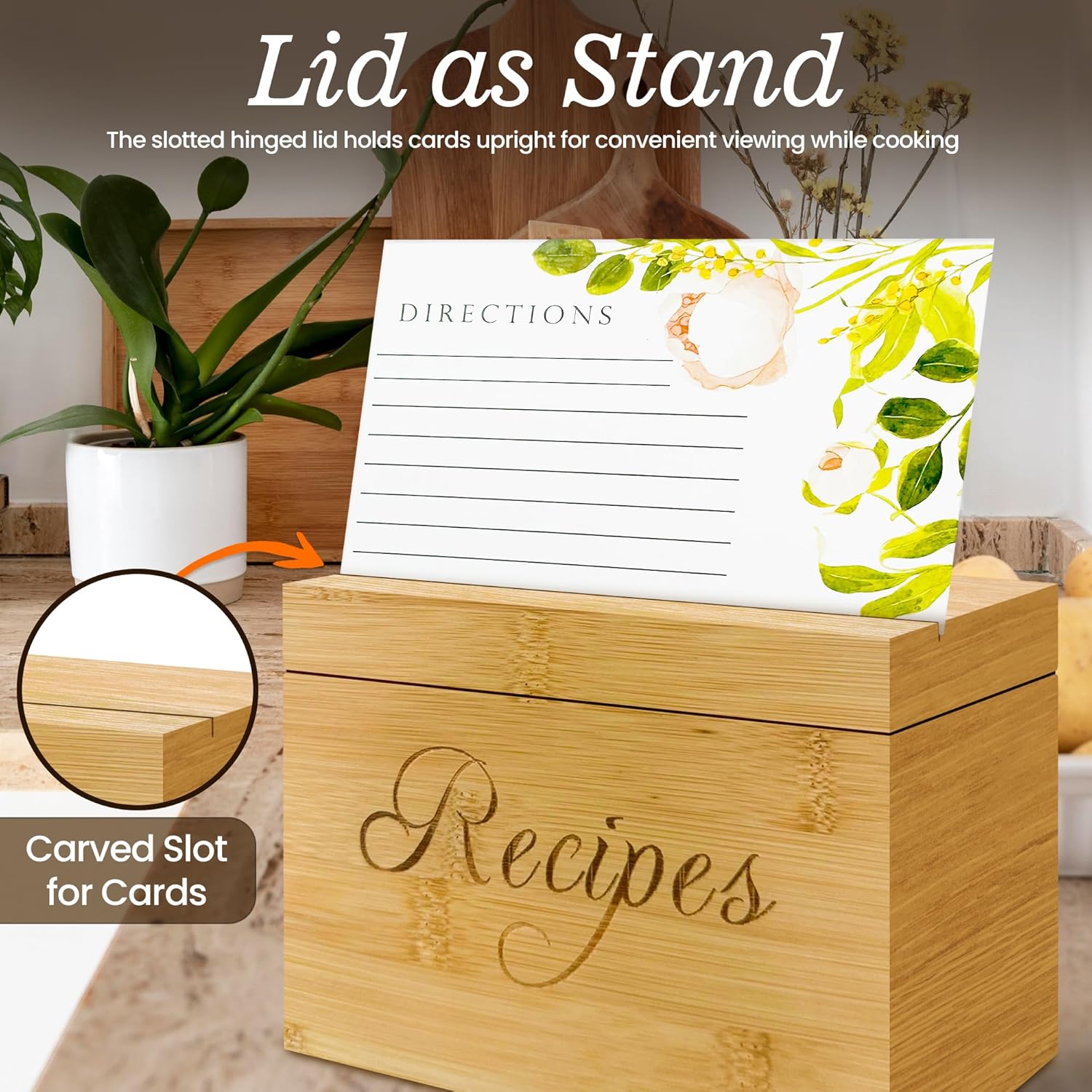 Wooden Recipe Box with 100 Labeled Cards Organizer for Family Recipes