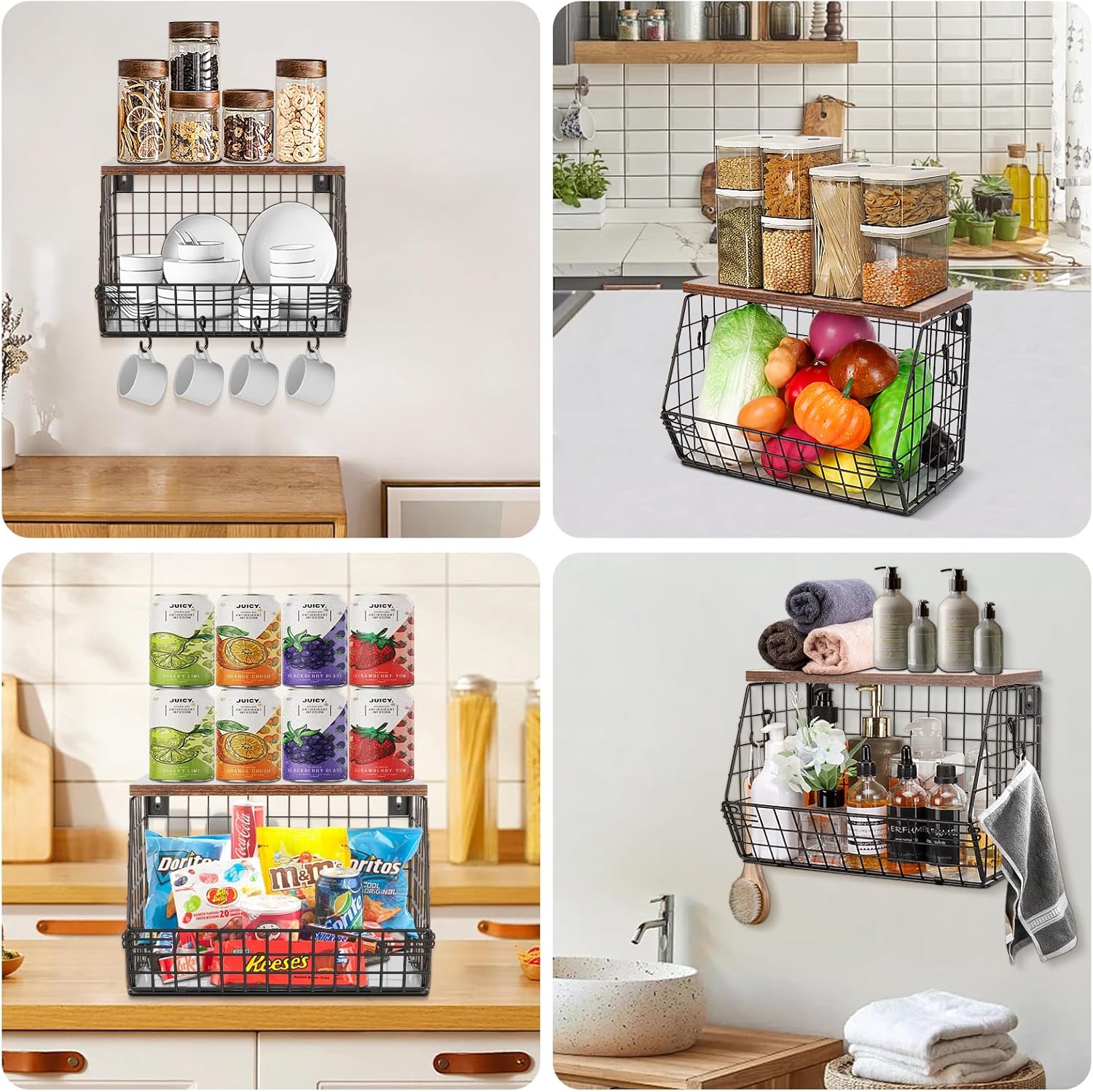 Livabber Fruit Basket with Wood Shelf and 4 S-Hooks