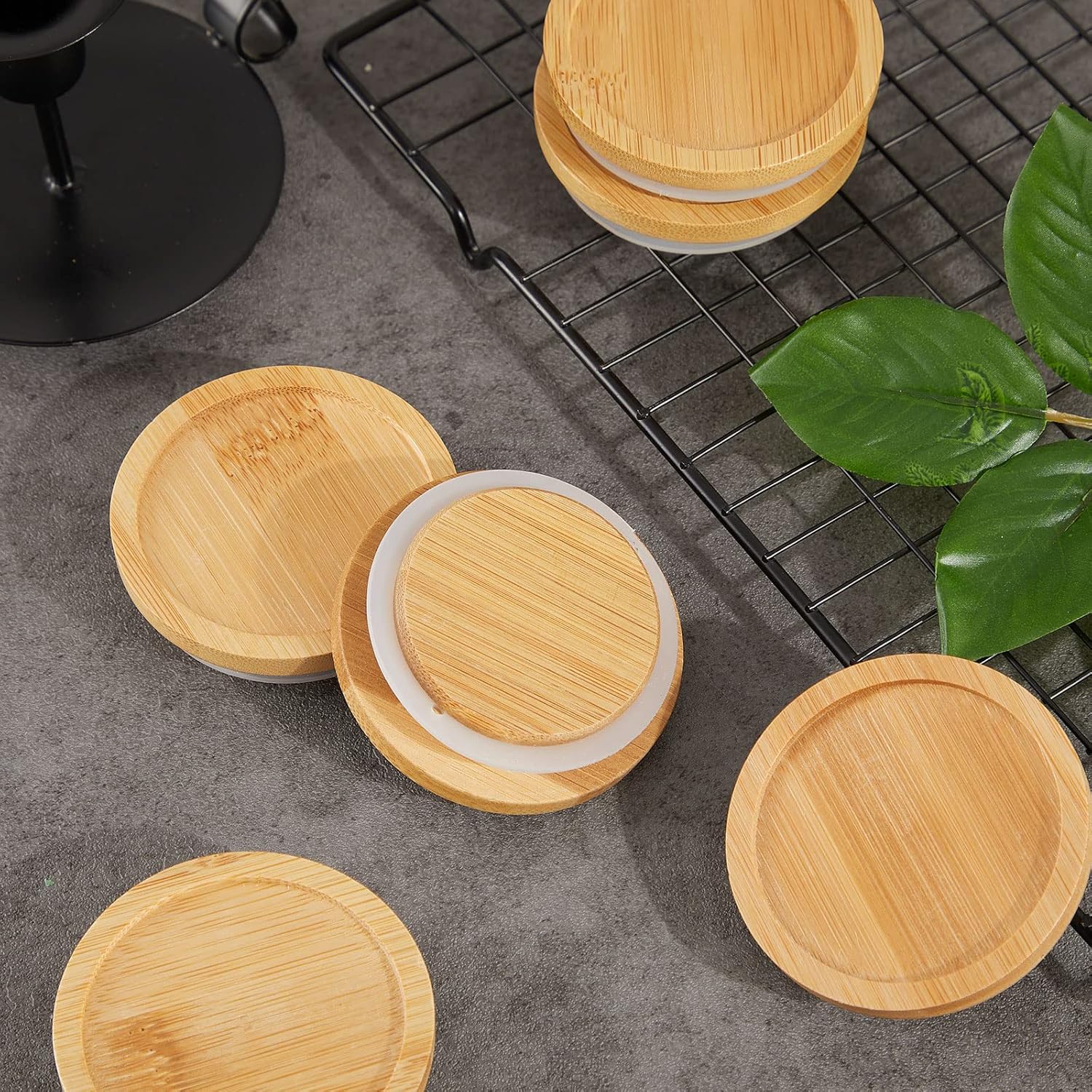 6 Pack Yogurt Jar Lids with Bamboo Wood and Silicone Seals