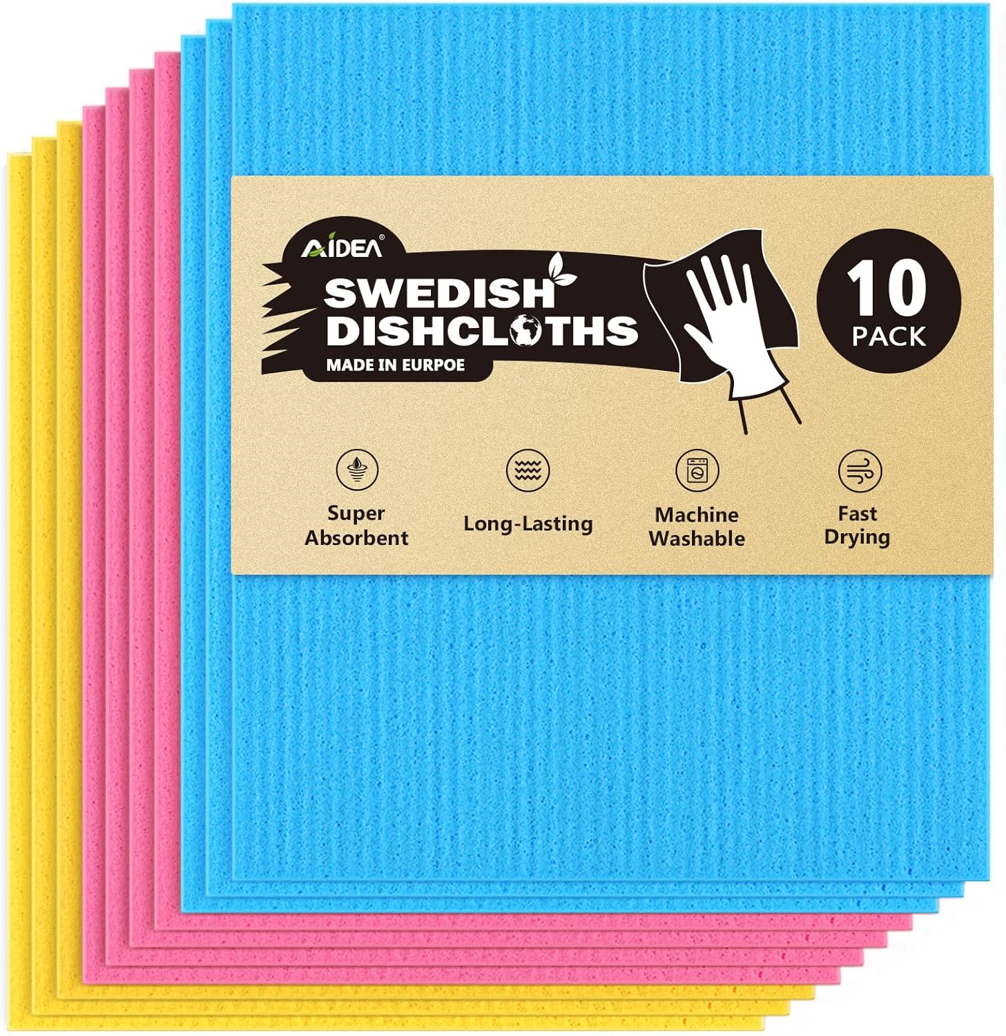 AIDEA 10 Pack Swedish Dish Cloths 7x6 Inches