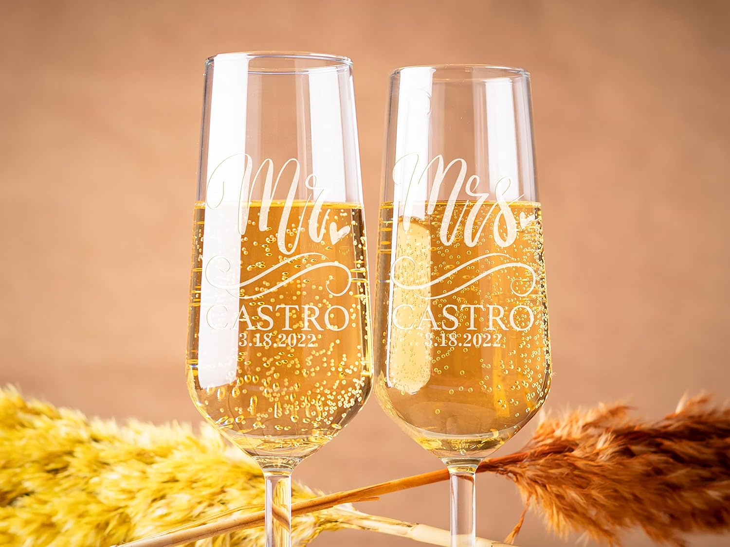 Personalization Lab Champagne Flutes Set of 2 with Last Name and Date