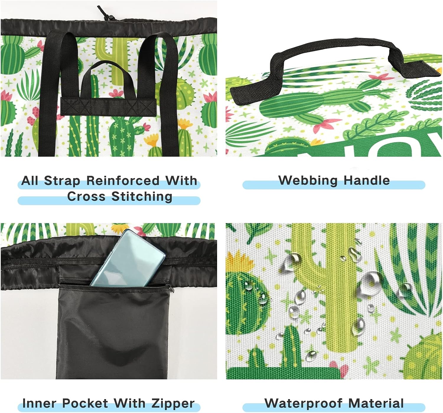 Cactus Laundry Bag Backpack with Dirty Clothes Organizer Extra Large Heavy Duty