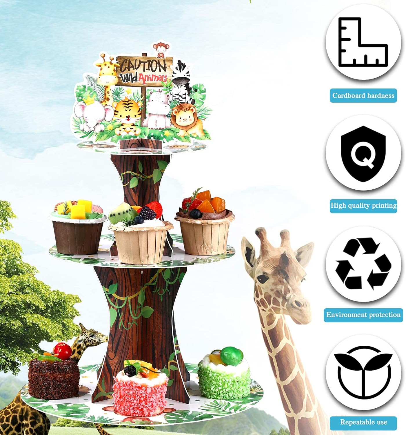 Nuenen Safari Cupcake Stand 3 Tier Jungle Theme Decor