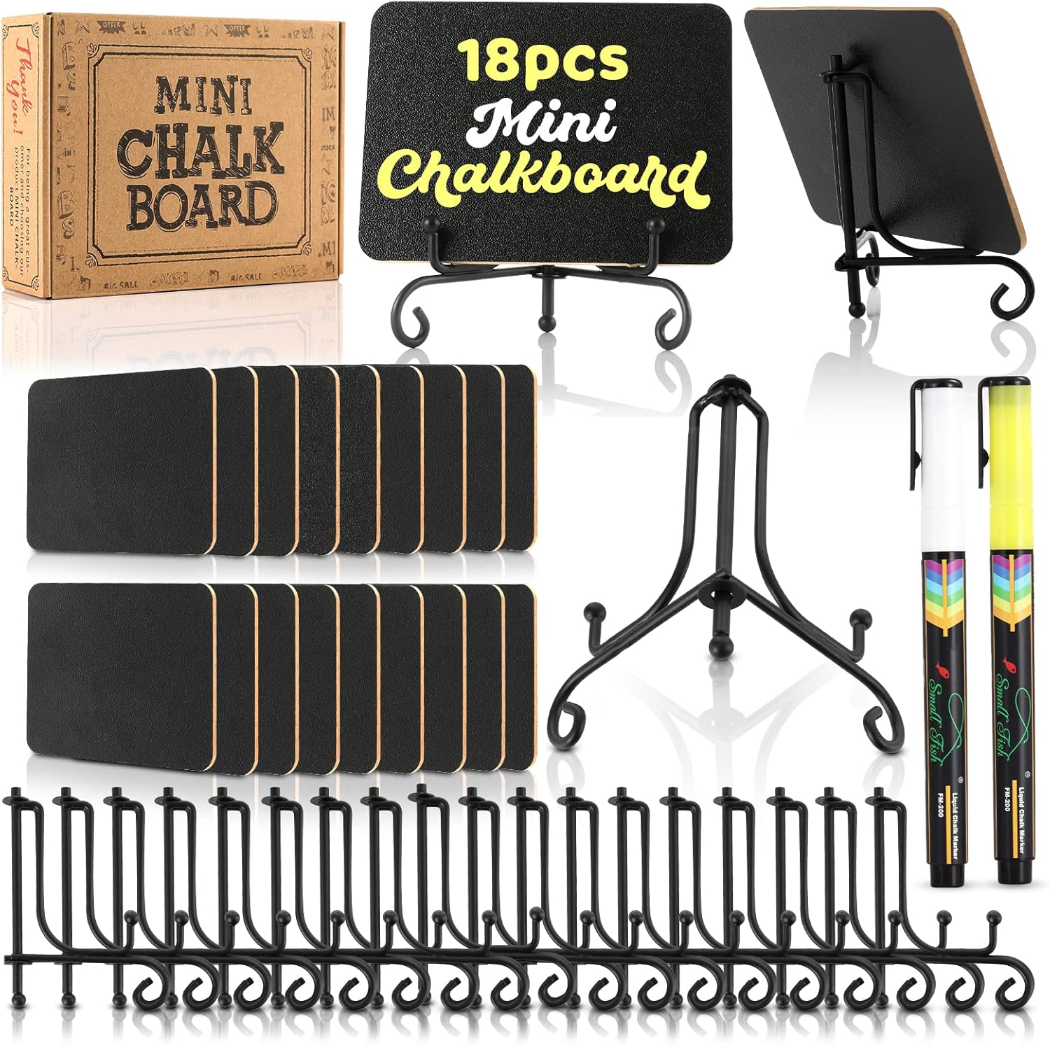 Mini Chalkboard Signs 18 Pack with Iron Stand and 2 Pens