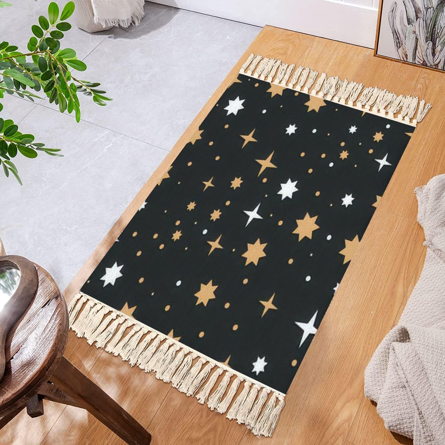 Boho Kids Room Rugs with Tassels and Celestial Design