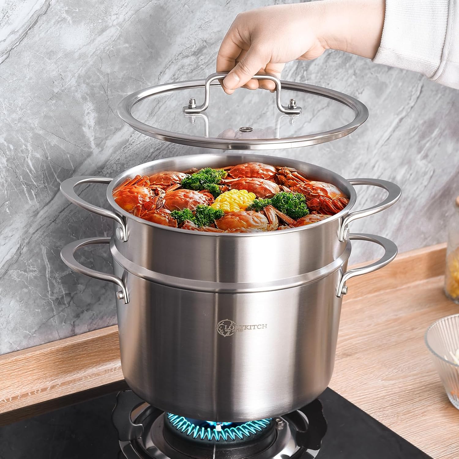 LOLYKITCH 3 Qt Tri-Ply Stock Pot with Lid and Steamer