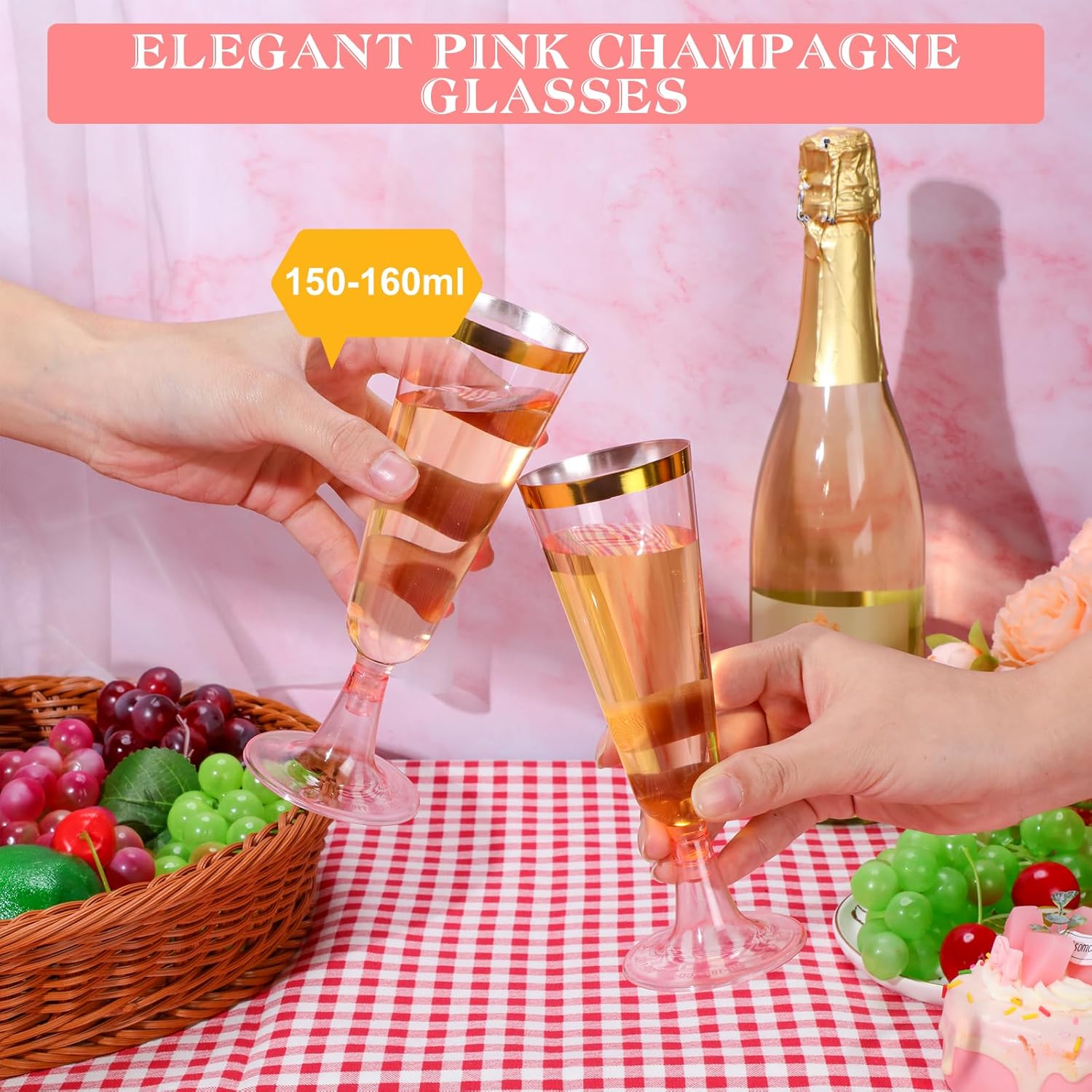 Dandat 100 Pcs Pink Champagne Flutes with Gold Rim