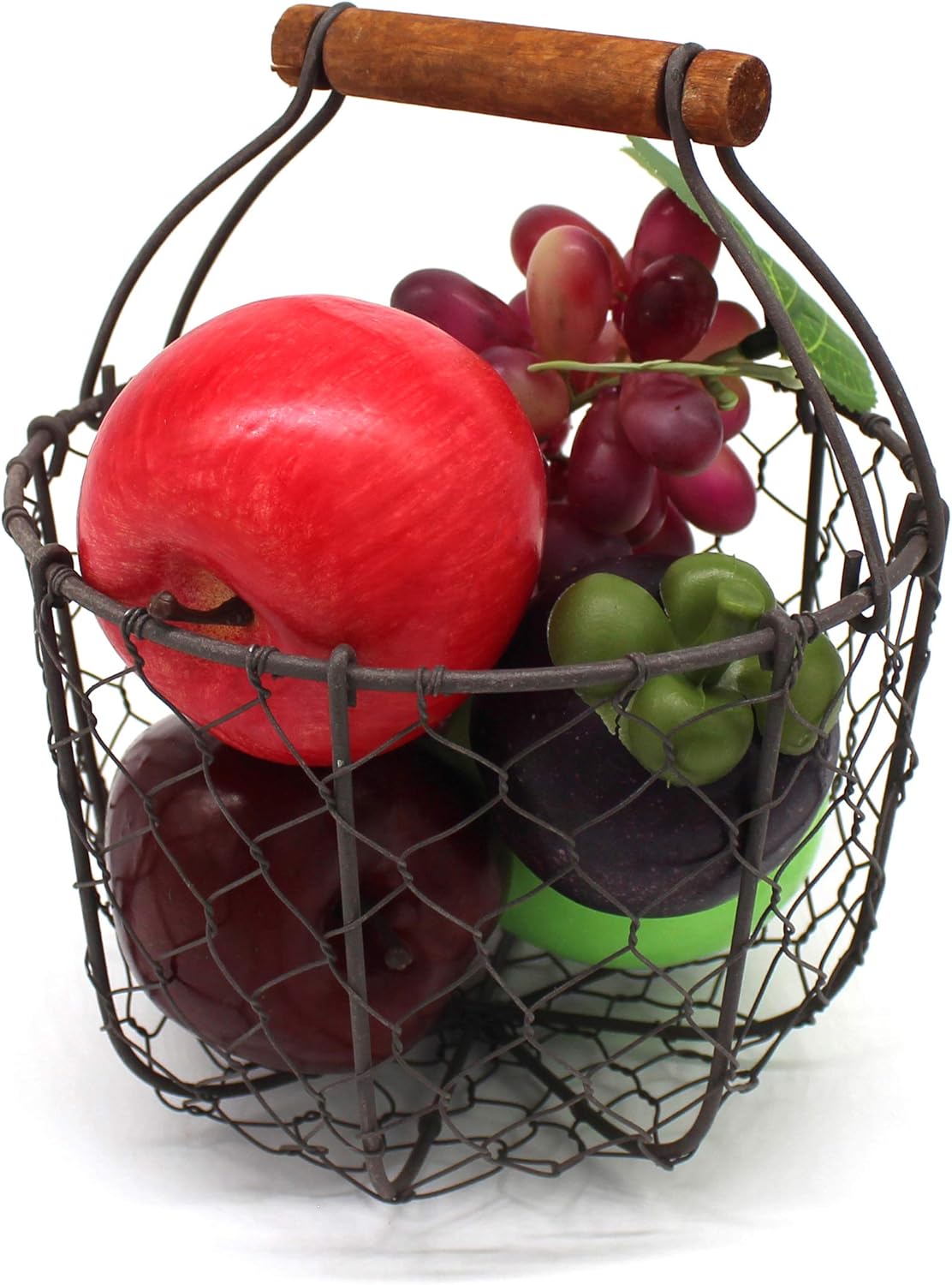 CVHOMEDECO Round Chicken Wire Egg Basket with Wooden Handle