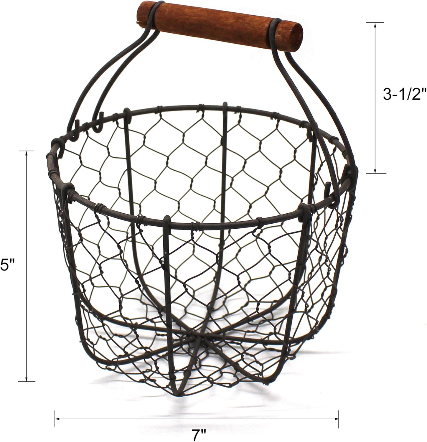 CVHOMEDECO Round Chicken Wire Egg Basket with Wooden Handle
