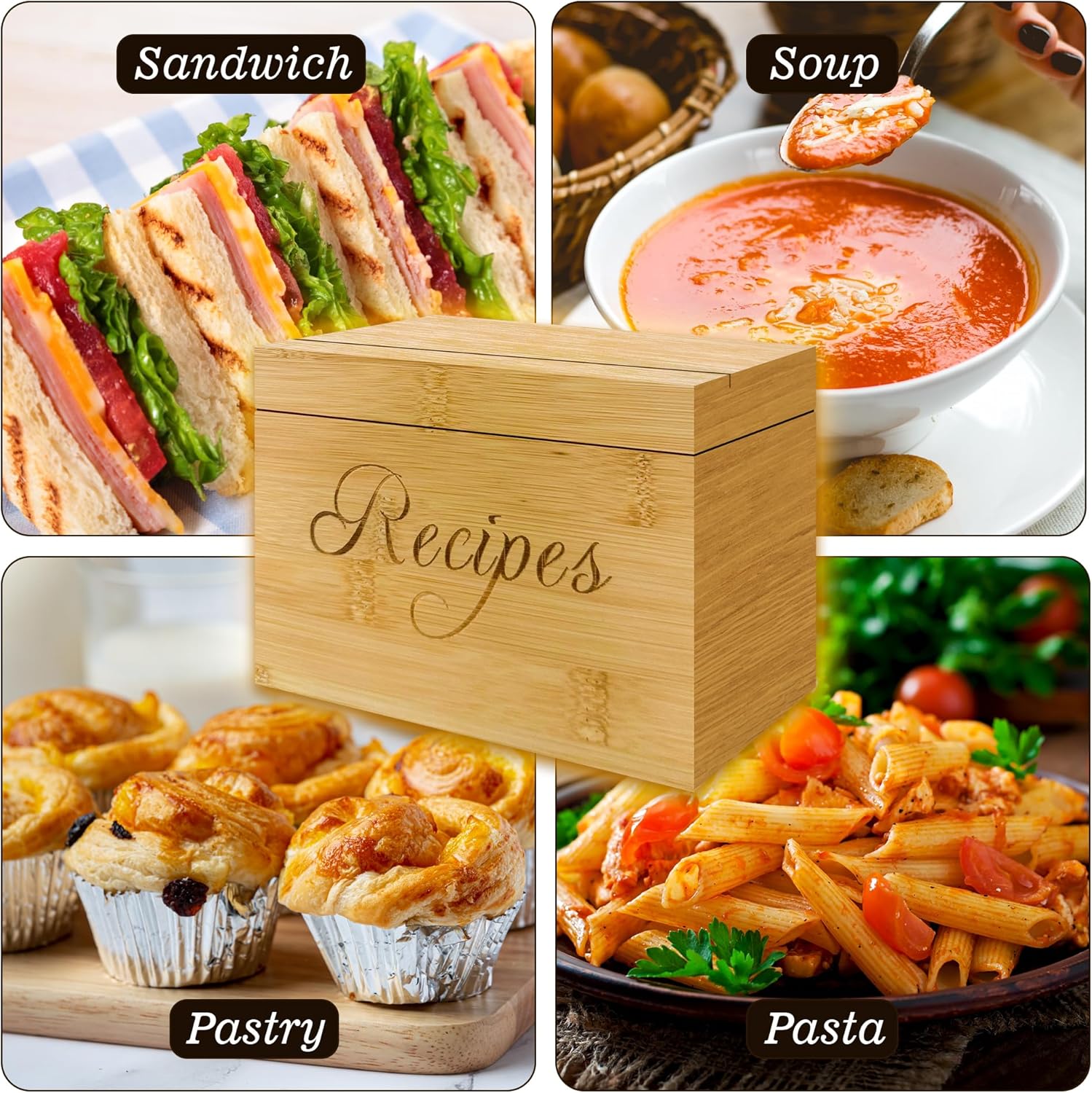 Wooden Recipe Box with 100 Labeled Cards Organizer for Family Recipes