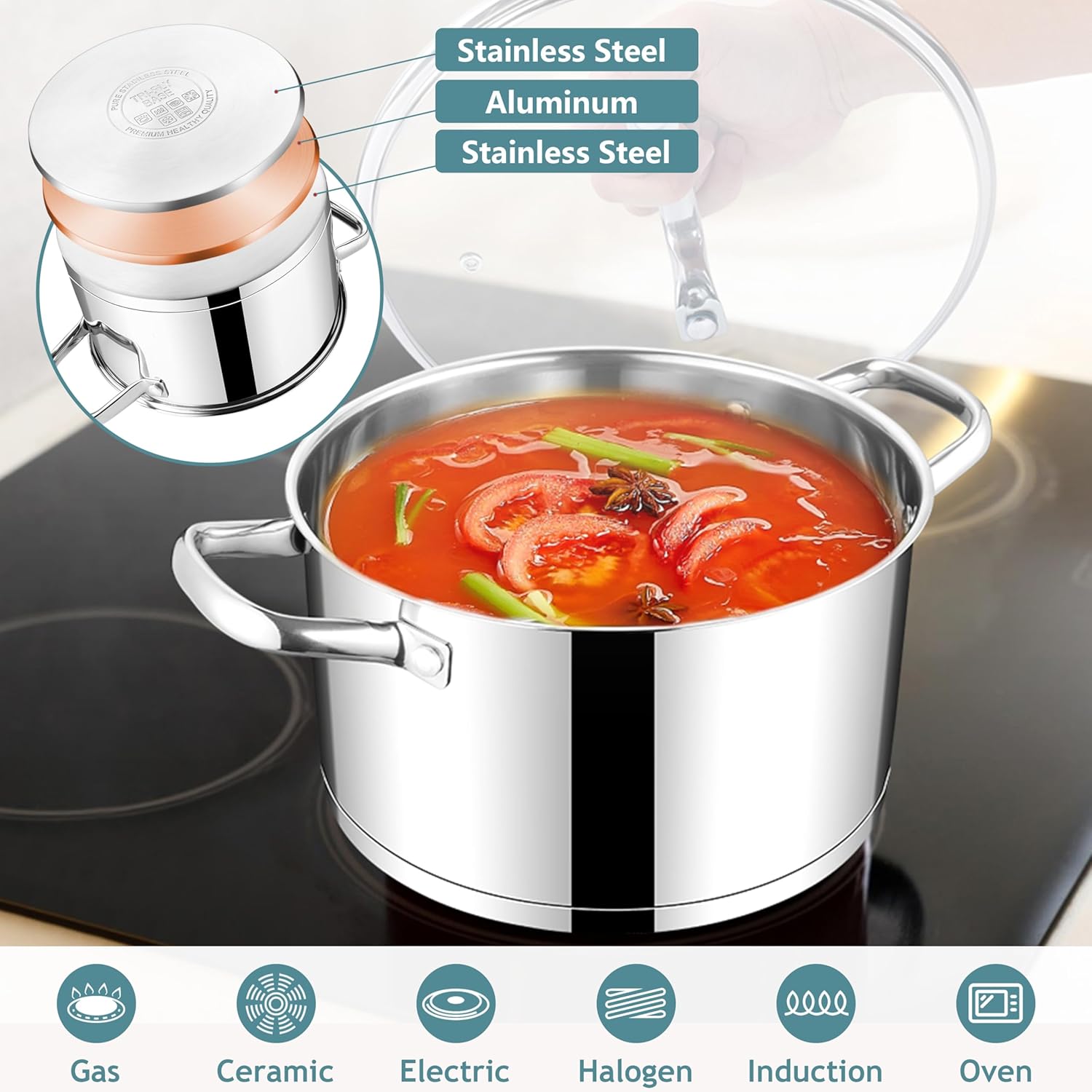 E-far 6 Quart Stock Pot with Lid Stainless Steel