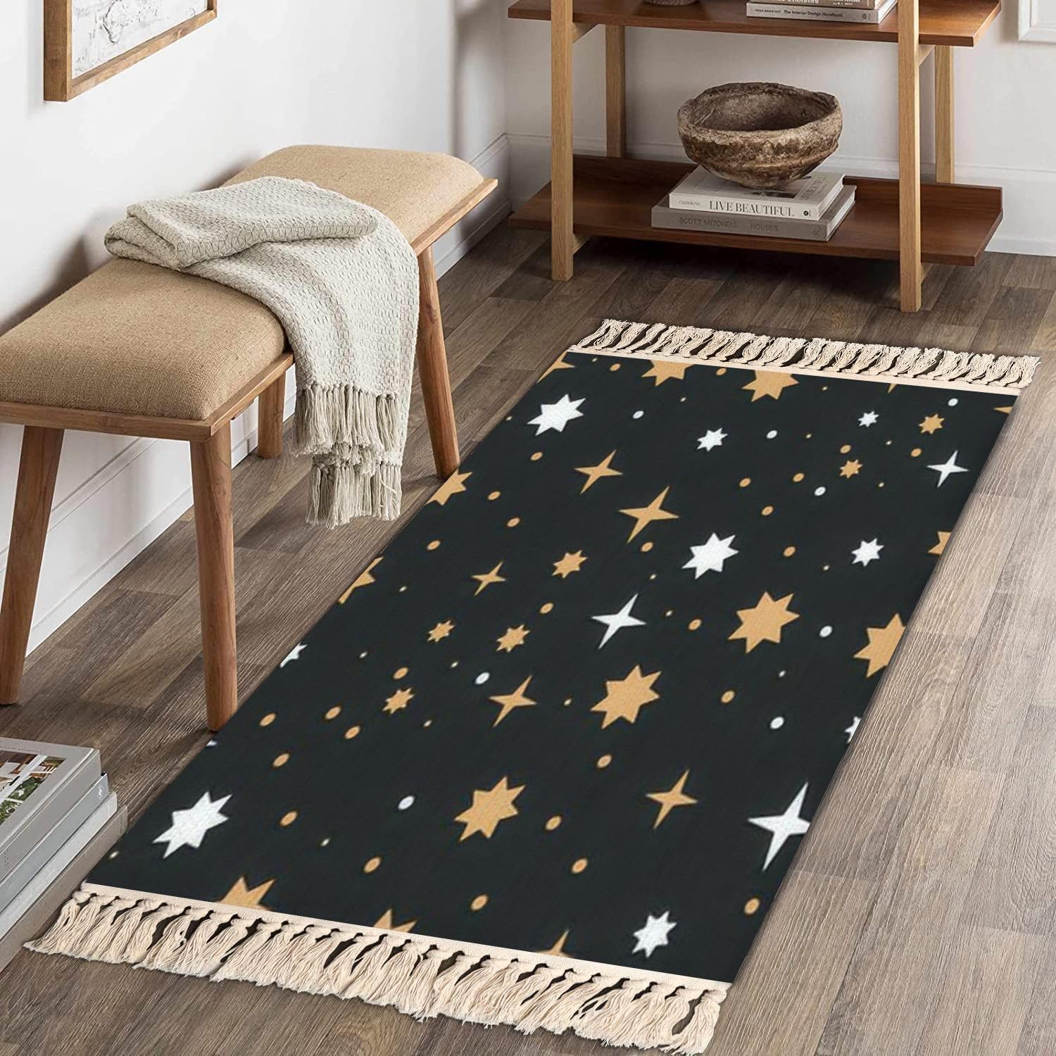 Boho Kids Room Rugs with Tassels and Celestial Design