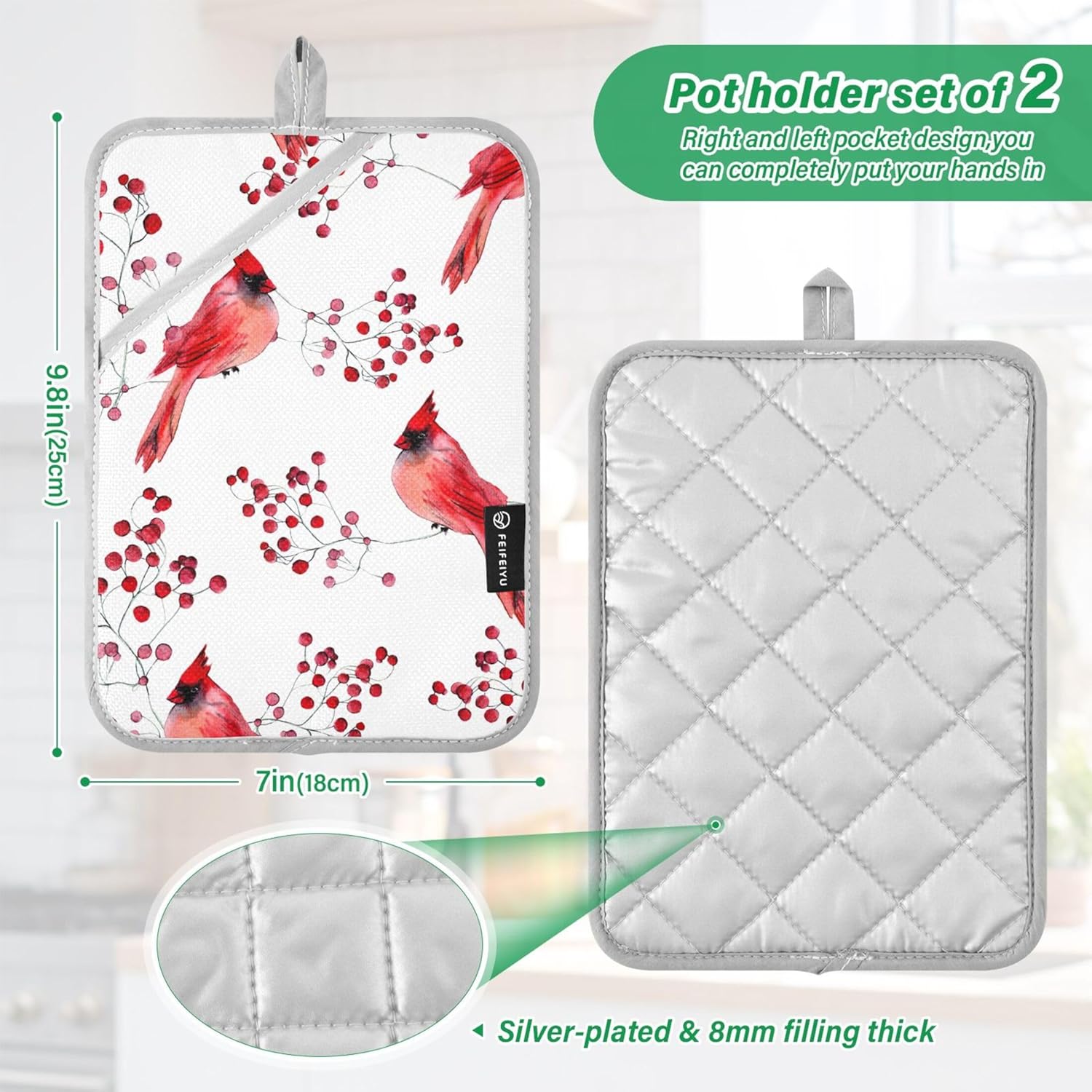 Berry Cardinal Bird Hot Pad Set of 2