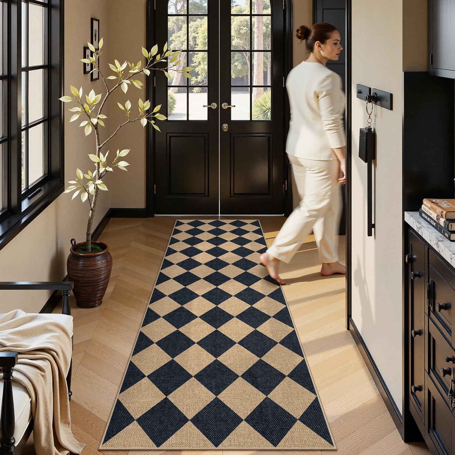 Lahome Checkered Jute-Style Runner Rug 2x8 Non-Slip Indoor Outdoor