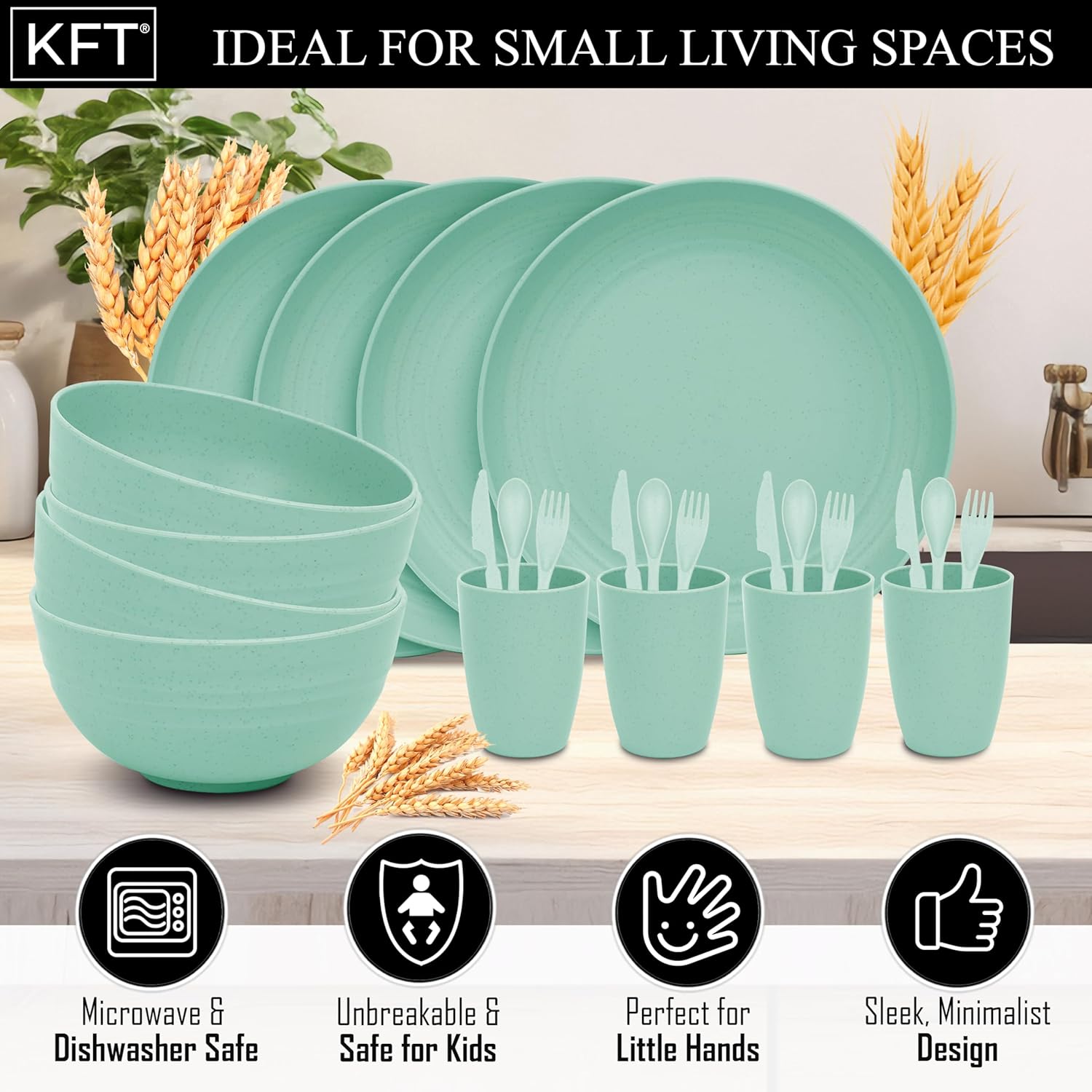 Wheat Straw Dinnerware Set for 4 - Green 24pc