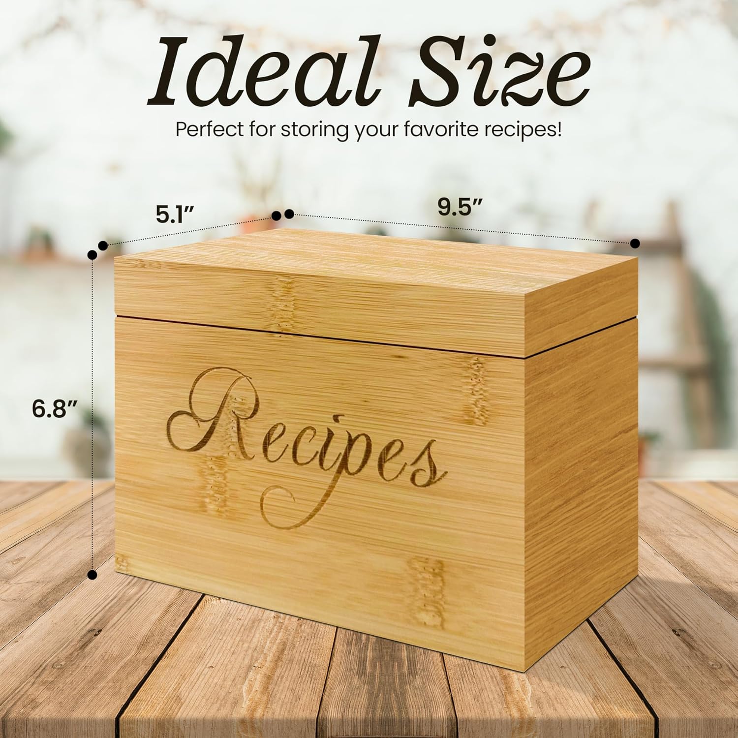 Wooden Recipe Box with 100 Labeled Cards Organizer for Family Recipes