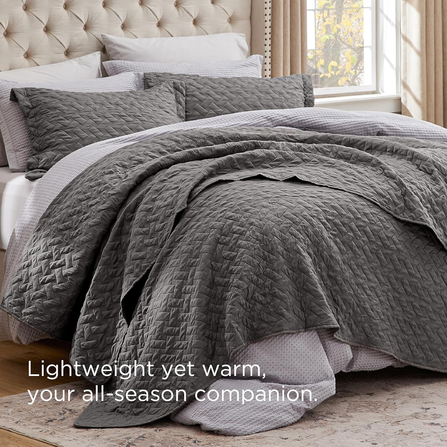 Bedsure Queen Size Quilt - Grey Basket Weave Bedspread with Soft Touch