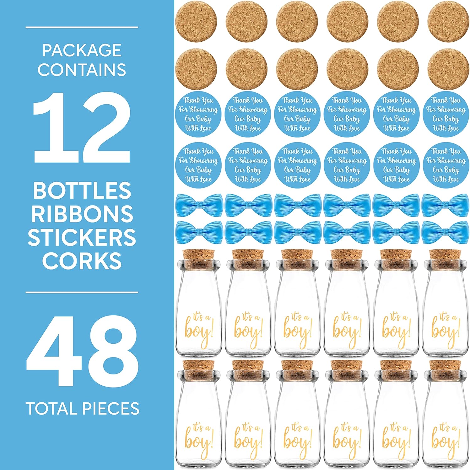 Small 12 Pack Its a Boy Milk Glass Bottles with Ribbons and Stickers
