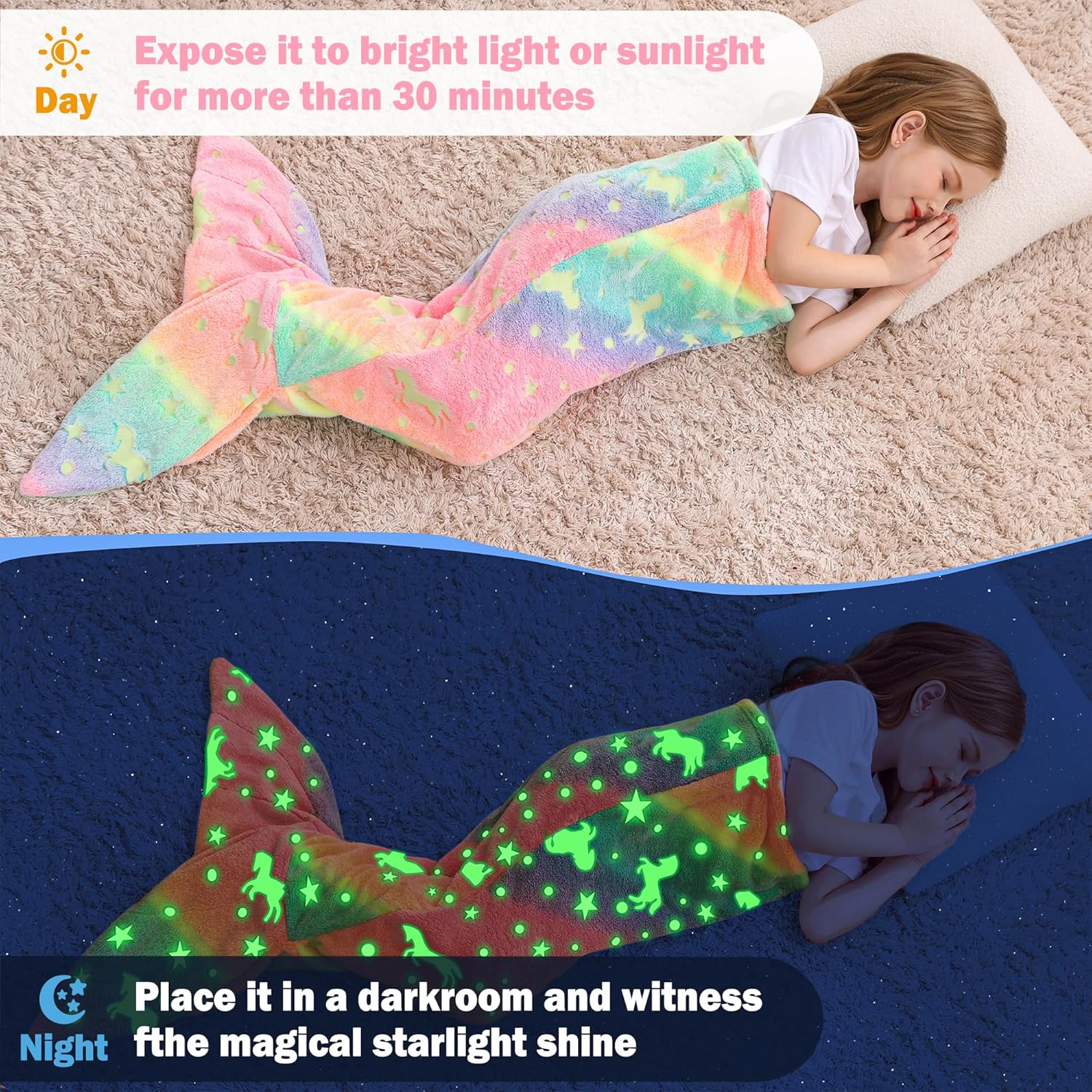 Viviland Kids Mermaid Tail Blanket - Glow in the Dark Super Soft Flannel 17x39