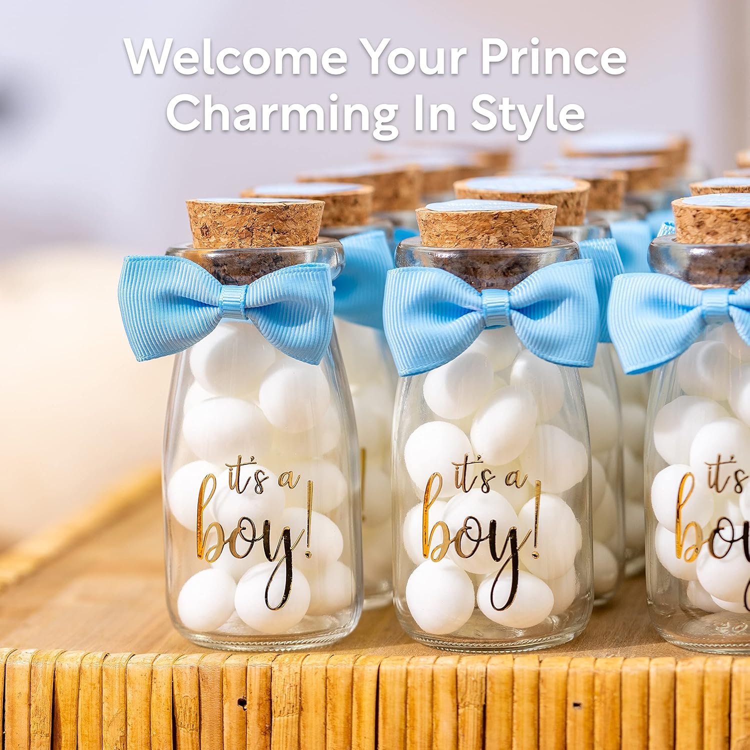 Small 12 Pack Its a Boy Milk Glass Bottles with Ribbons and Stickers