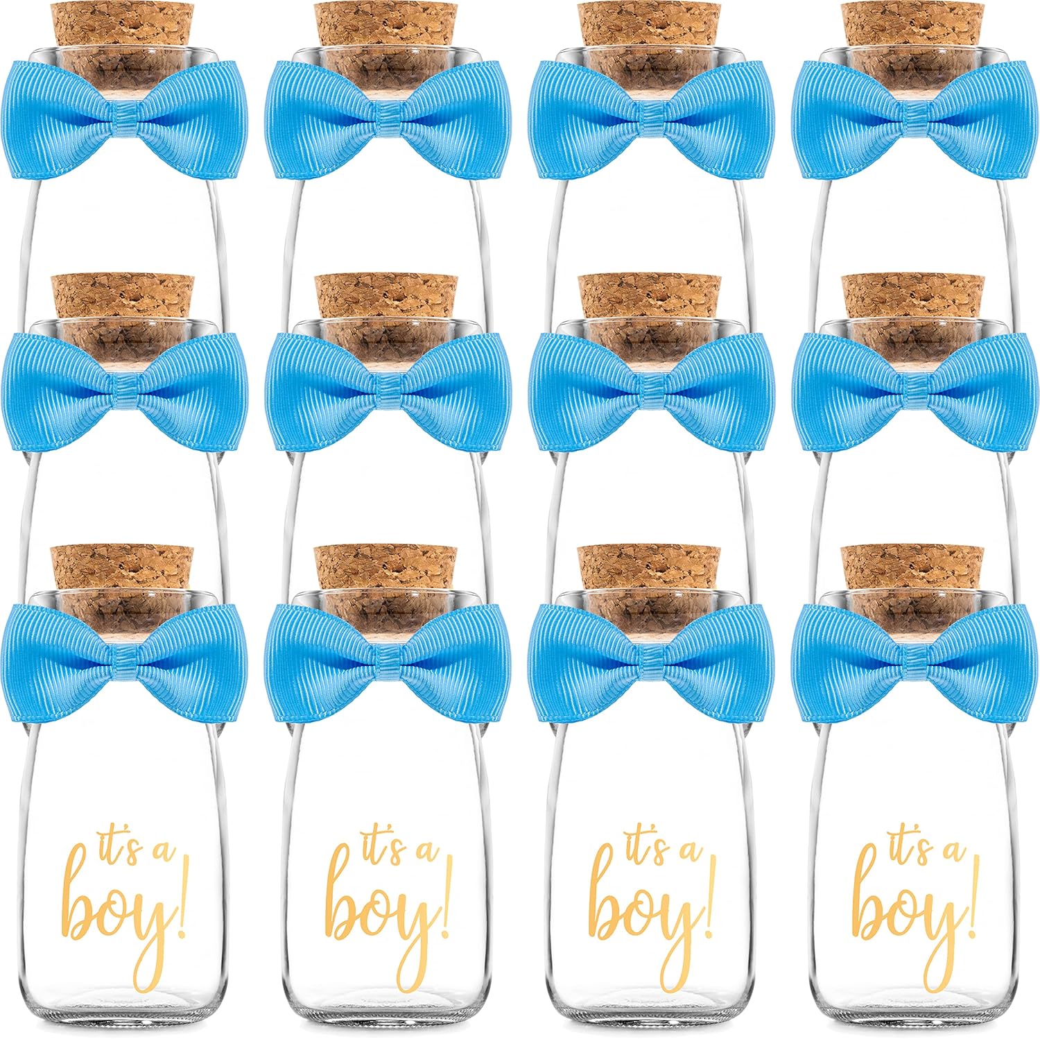 Small 12 Pack Its a Boy Milk Glass Bottles with Ribbons and Stickers
