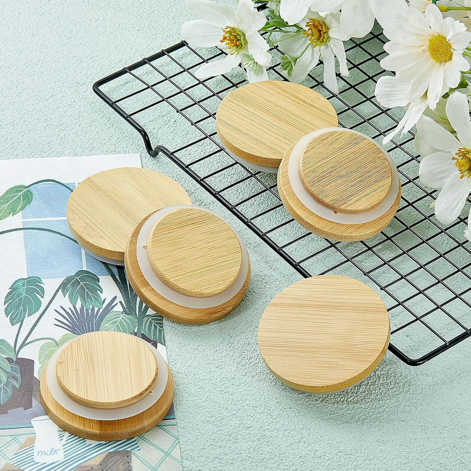 Sawysine Reusable Bamboo Yogurt Jar Lids Set 4 Pack