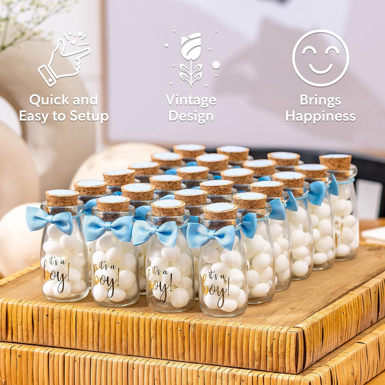Small 12 Pack Its a Boy Milk Glass Bottles with Ribbons and Stickers