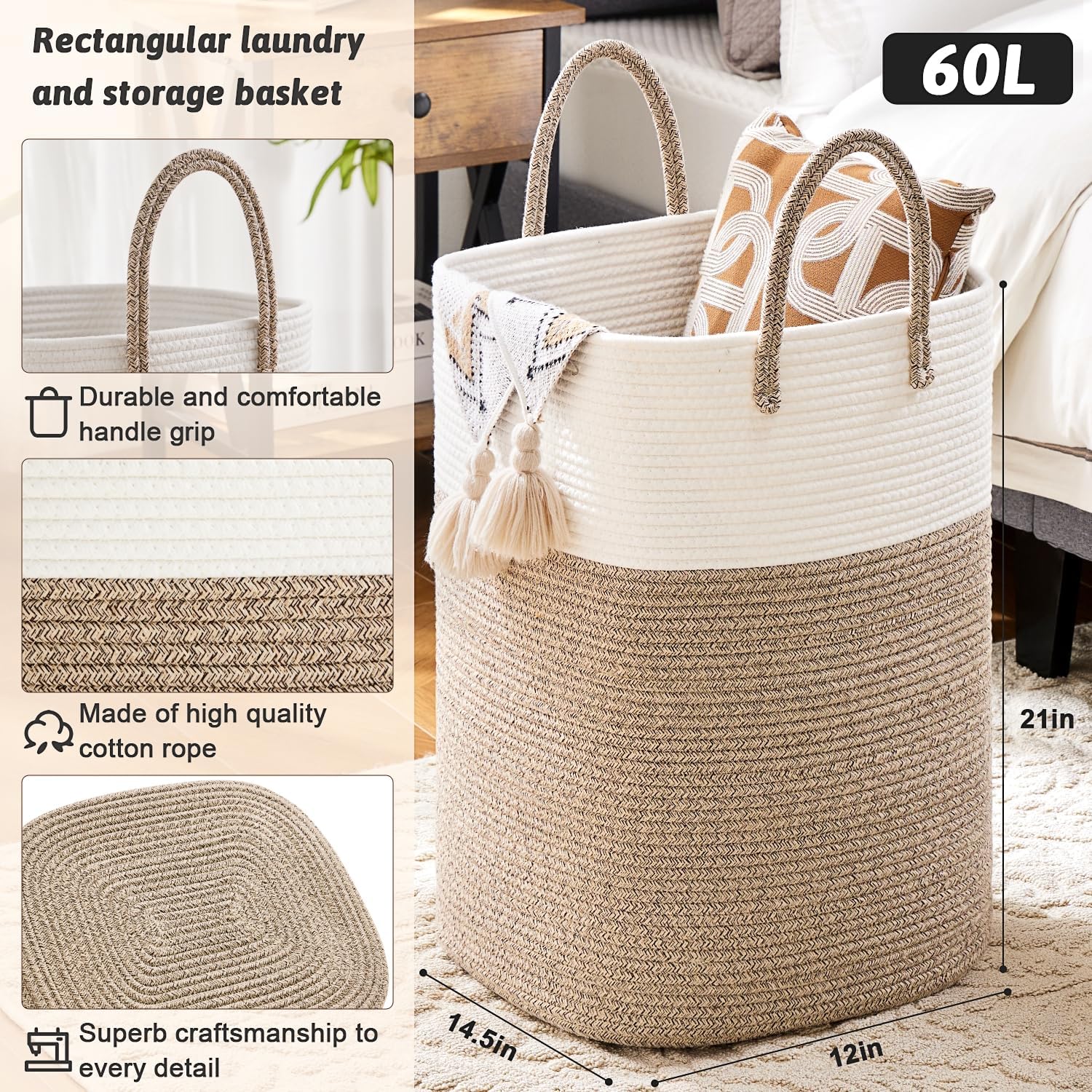 Artfeel Cotton Rope Laundry Basket 60L Hamper