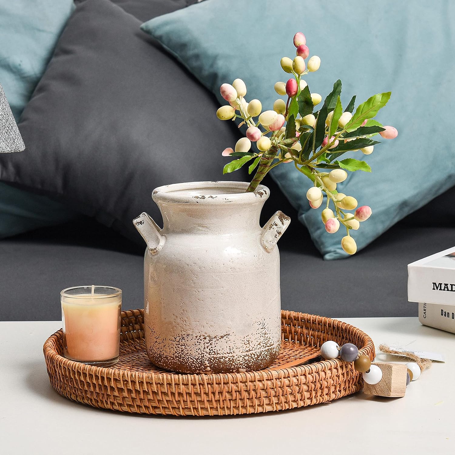 Quoowiit Ceramic Rustic Farmhouse Vase White Boho Decor