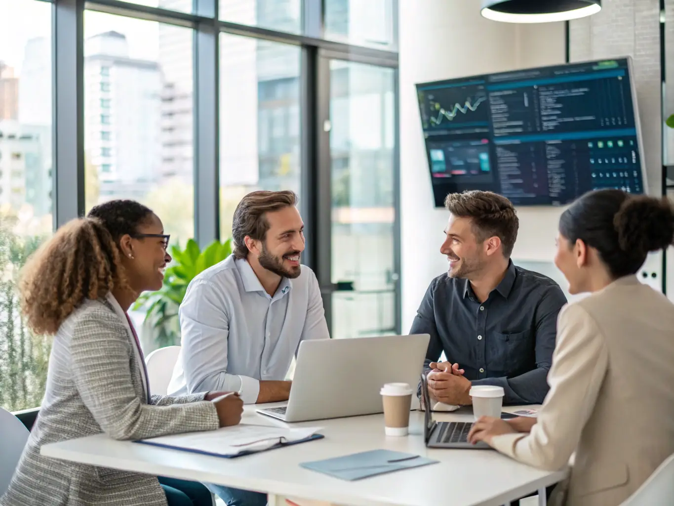 A strategic planning session with consultants and clients collaborating around a table, using neural-tech interfaces to visualize future scenarios.