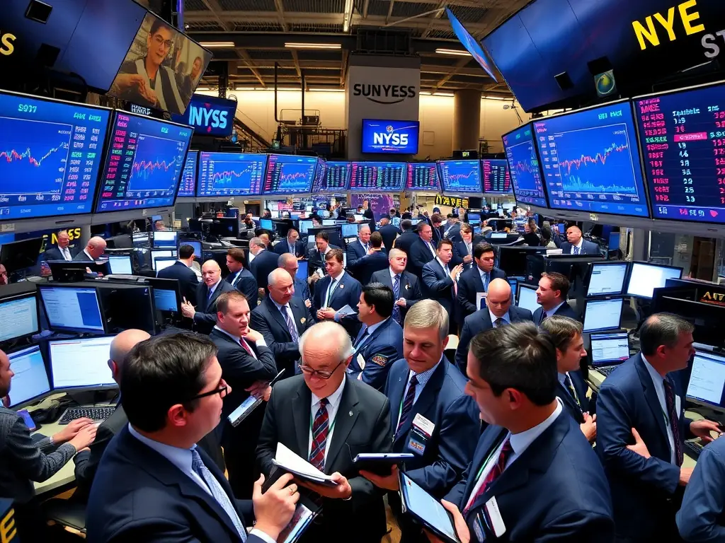 A professional image of a modern financial institution's trading floor, bustling with activity, representing NeuroPulse's expertise in providing data-driven solutions for the finance industry.