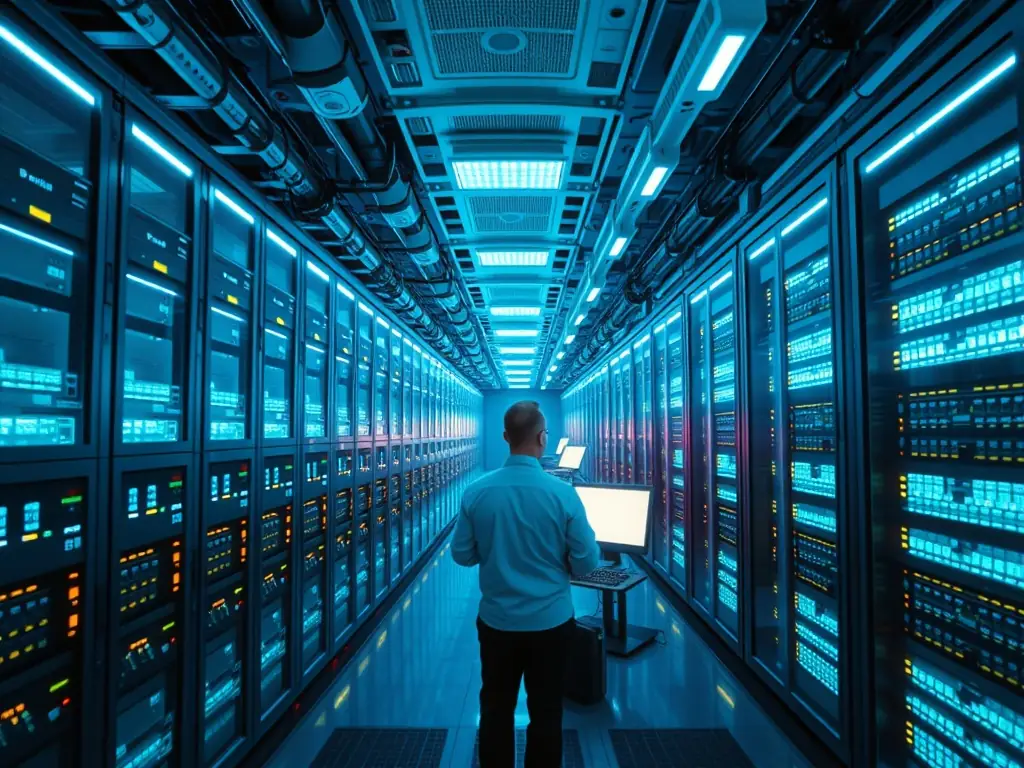 A machine learning model being trained on a server farm, with neural connections highlighted, symbolizing the development of machine learning solutions.
