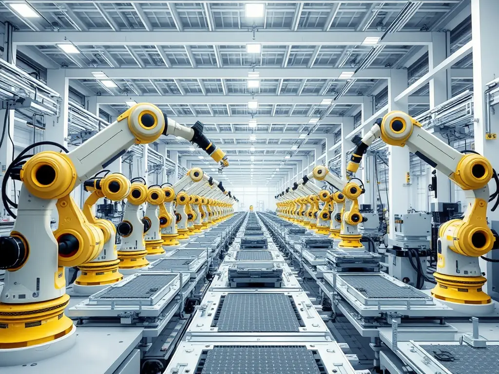 A high-tech image of a manufacturing plant with robotic arms and automated systems, symbolizing NeuroPulse's ability to enhance operational efficiency through machine learning in the manufacturing sector.