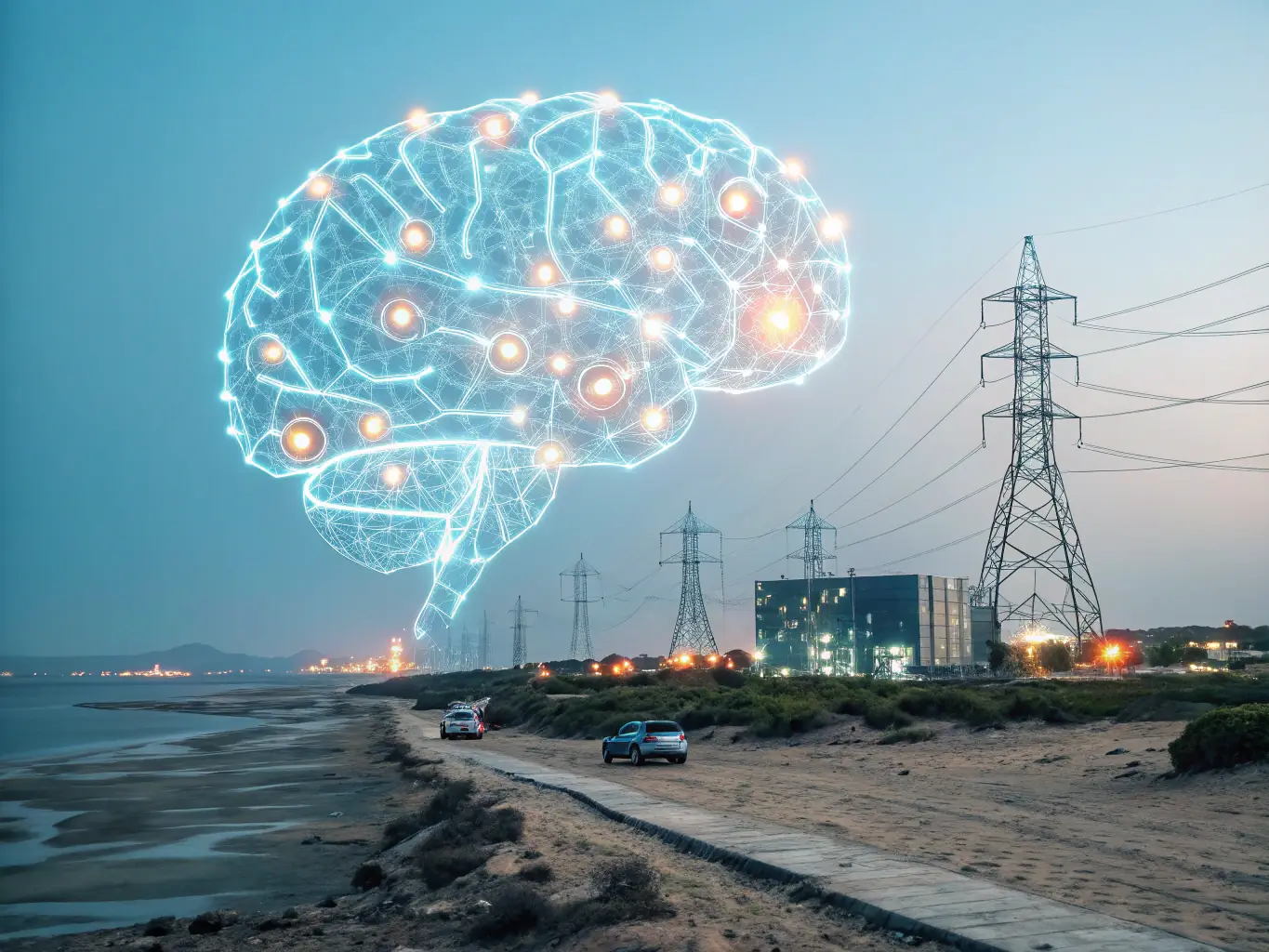 A visual representation of interconnected neural networks forming a brain-like structure, symbolizing advanced analytics and intelligent insights, set against a futuristic cityscape.